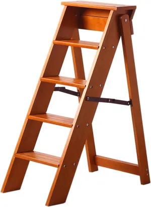 SHU Thickened Solid Wood Five-Step Climbing Ladder Multi-Functional Load-Bearing Herringbone Ladder Indoor Flower Stand (Color : Light Walnut Color)