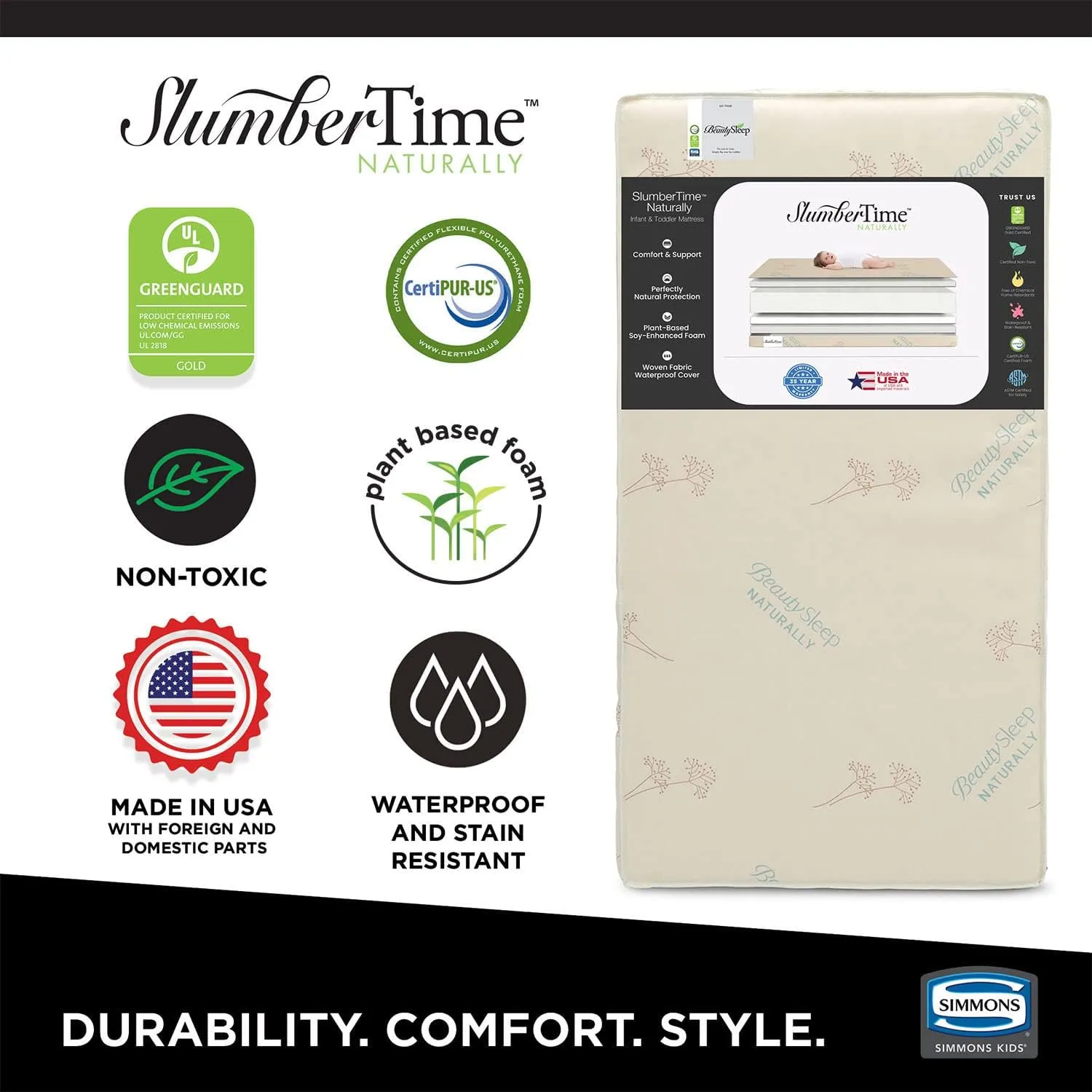 Simmons Kids SlumberTime Naturally 2-Stage Premium Plant-Based Soy Foam Baby Crib Mattress & Toddler Mattress - Waterproof - GREENGUARD Gold & CertiPUR-US Certified - Ideal Firmness - Made in USA