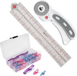 SINGER Quilting Tool Kit with 24-Count Fabric Clips, 24-Inch Folding Ruler, and 45mm Rotary Cutter - Quilting Supplies for Patternmaking, Sewing, Fabric Work