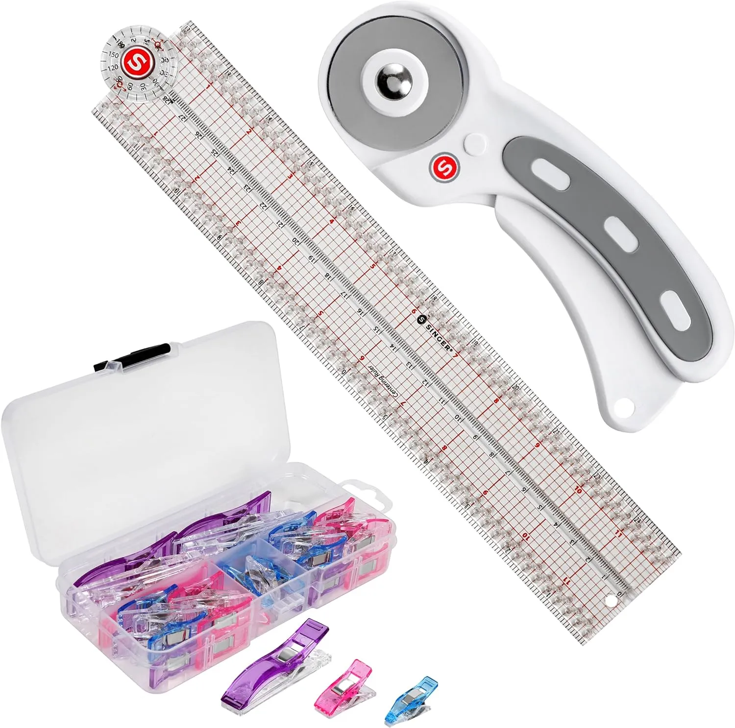 SINGER Quilting Tool Kit with 24-Count Fabric Clips, 24-Inch Folding Ruler, and 45mm Rotary Cutter - Quilting Supplies for Patternmaking, Sewing, Fabric Work