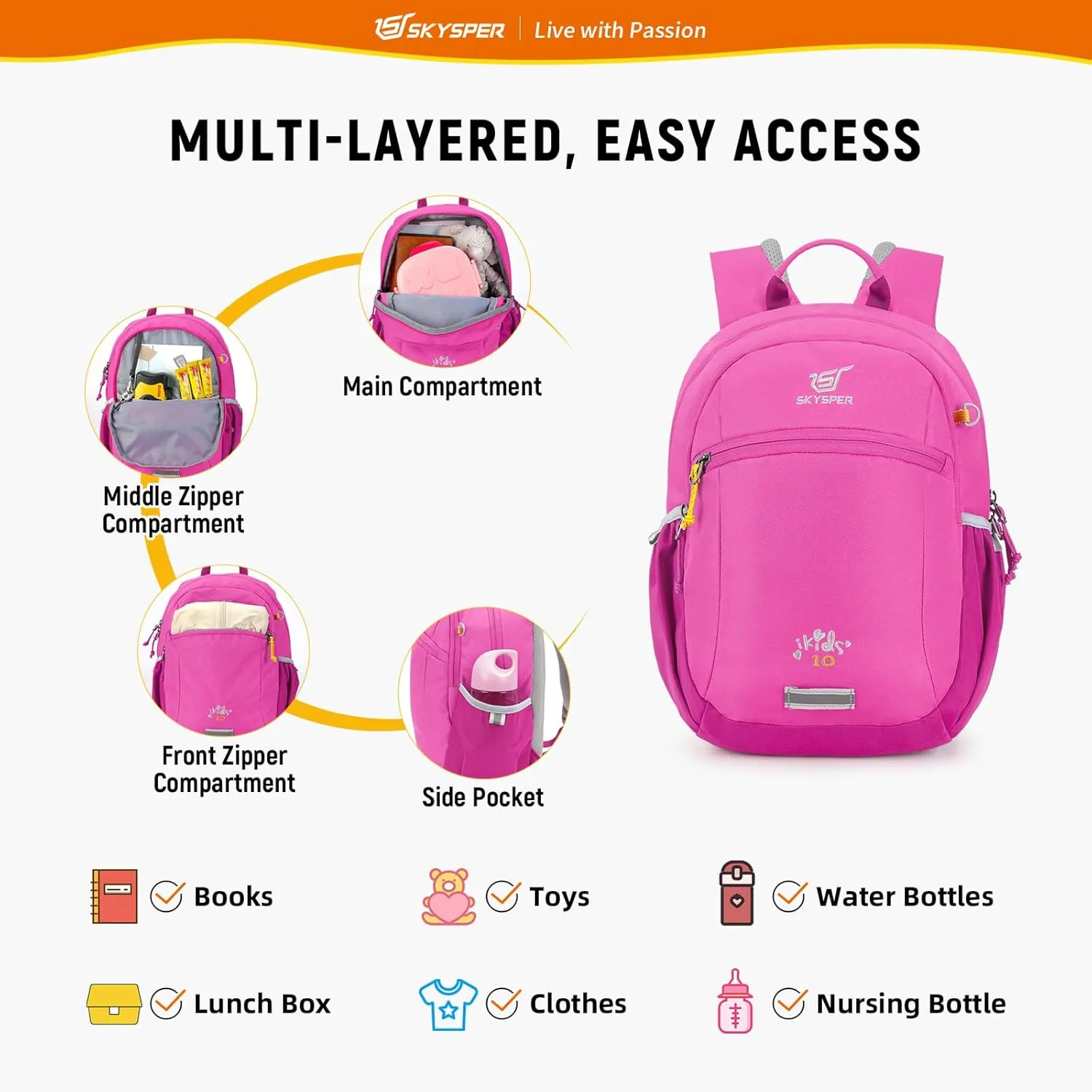 SKYSPER Preschool Kids Backpack 10L Toddler Travel Backpack for Kids Boys Girls(Pink)