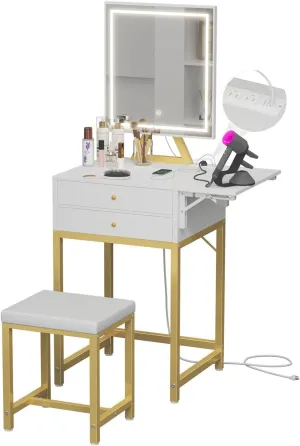 Small Makeup Vanity Desk with Lights - White Girls Vanity Set with Mirror and Chair, Make Up Dresser Table with Drawers and Power Outlet for Bedroom Small Space, Gold