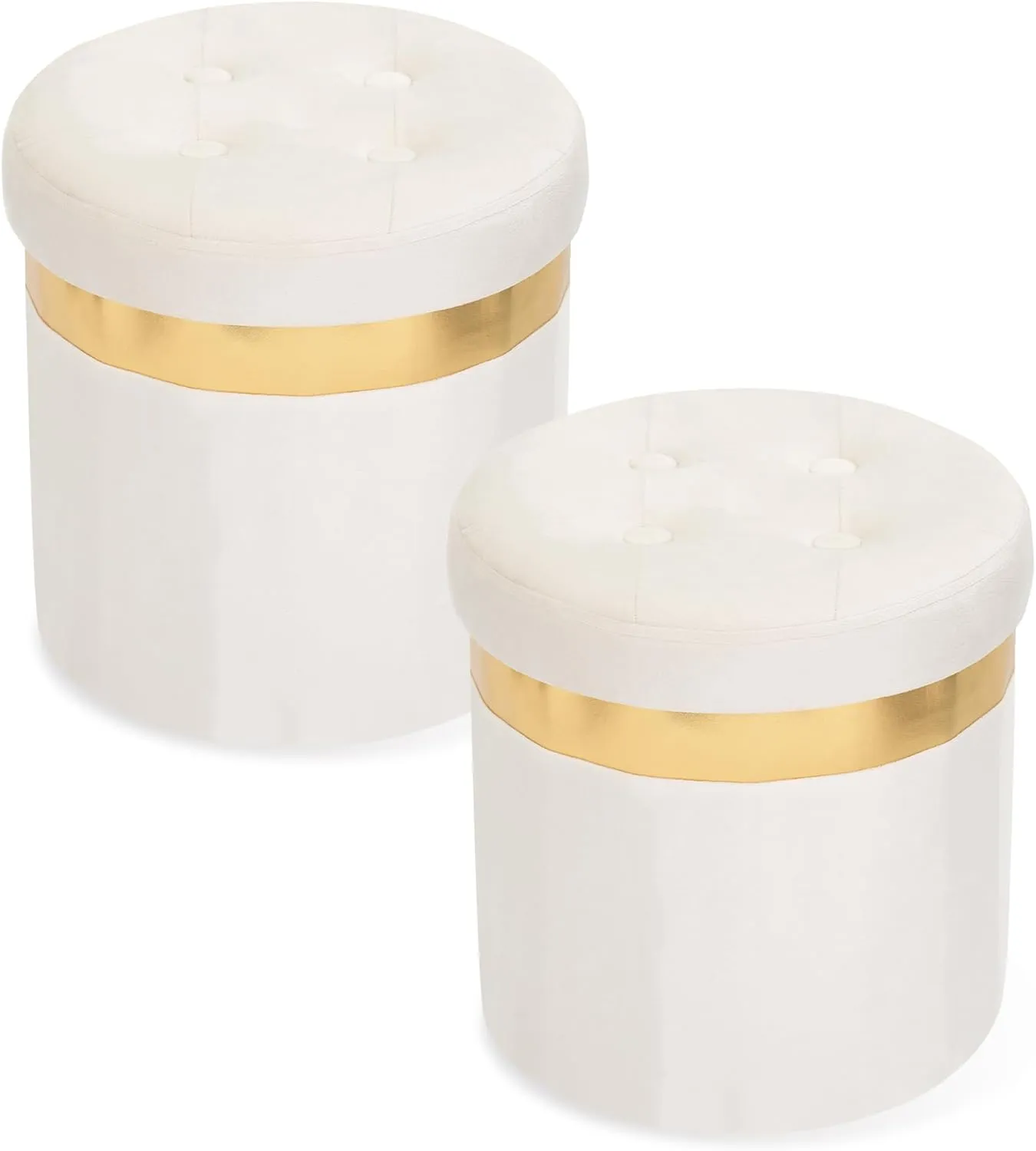 Small Ottoman with Storage,Folding Round Ottoman with Gold Trim,Velvet Storage Stool,Foot Stool with Soft Padded,Foot Rest for Living Room13“x13”x12.4(Beige,2pcs)