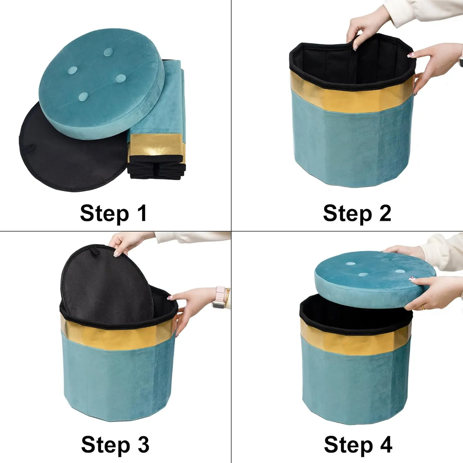 Small Ottoman with Storage,Folding Round Ottoman with Gold Trim,Velvet Storage Stool,Foot Stool with Soft Padded,Foot Rest for Living Room13“x13”x12.4(Beige,2pcs)
