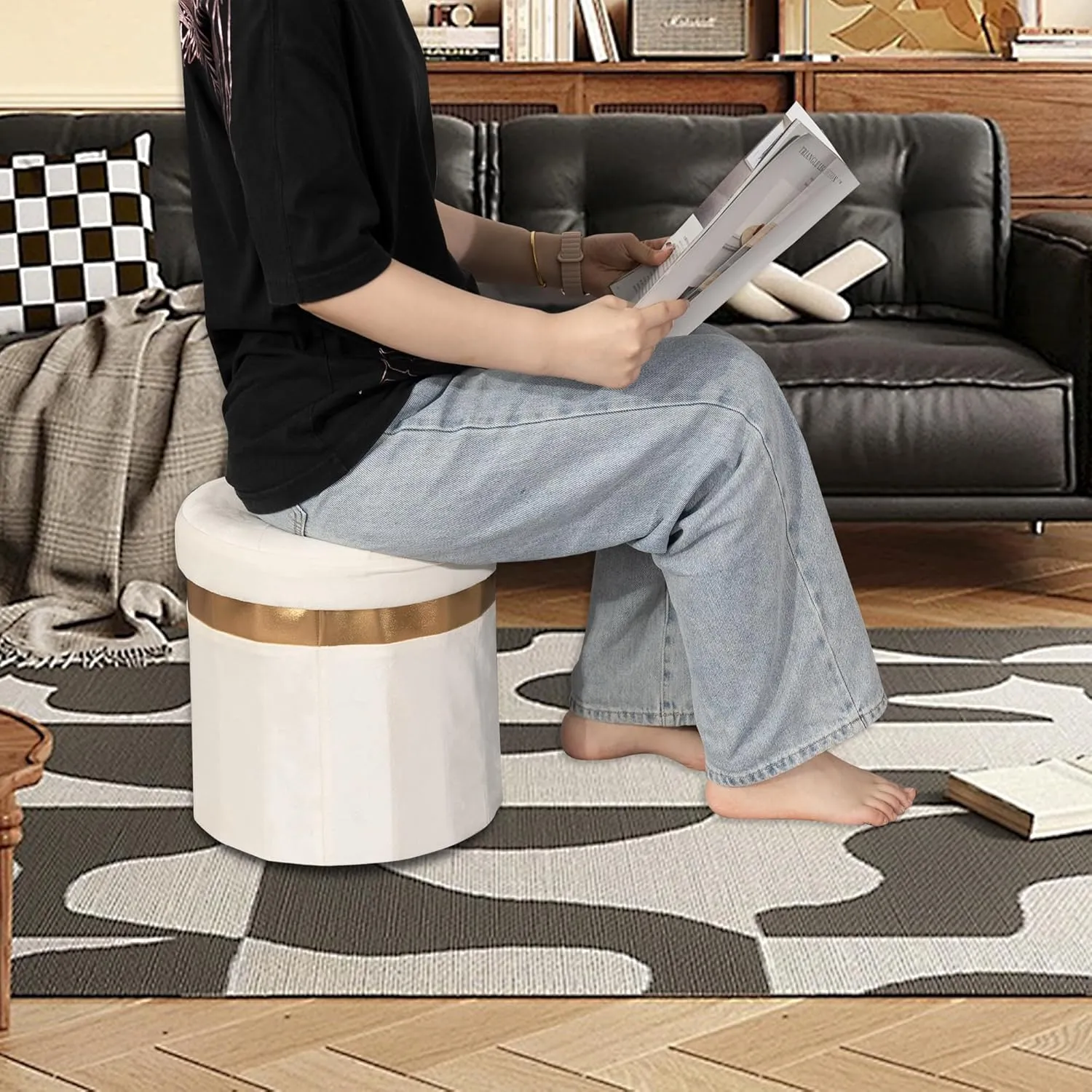 Small Ottoman with Storage,Folding Round Ottoman with Gold Trim,Velvet Storage Stool,Foot Stool with Soft Padded,Foot Rest for Living Room13“x13”x12.4(Beige,2pcs)