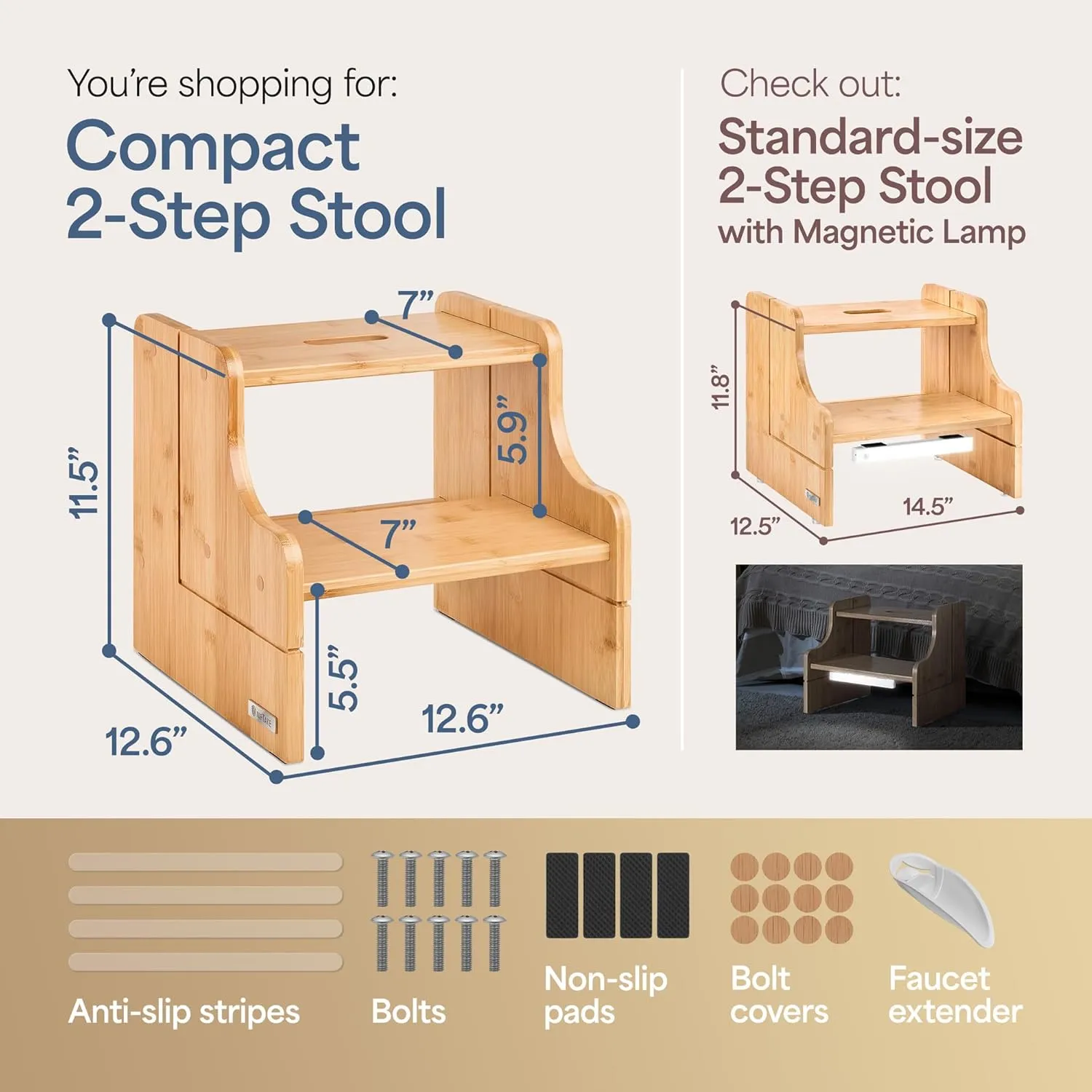 Small Step Stool, 200lb Capacity - Sturdy, Safe and Durable, Toddler Step Stool for Toddlers, Bamboo Toddler Stool, Potty Training, Kitchen Wooden Stepping Stool - w/Faucet Extender (Natural)