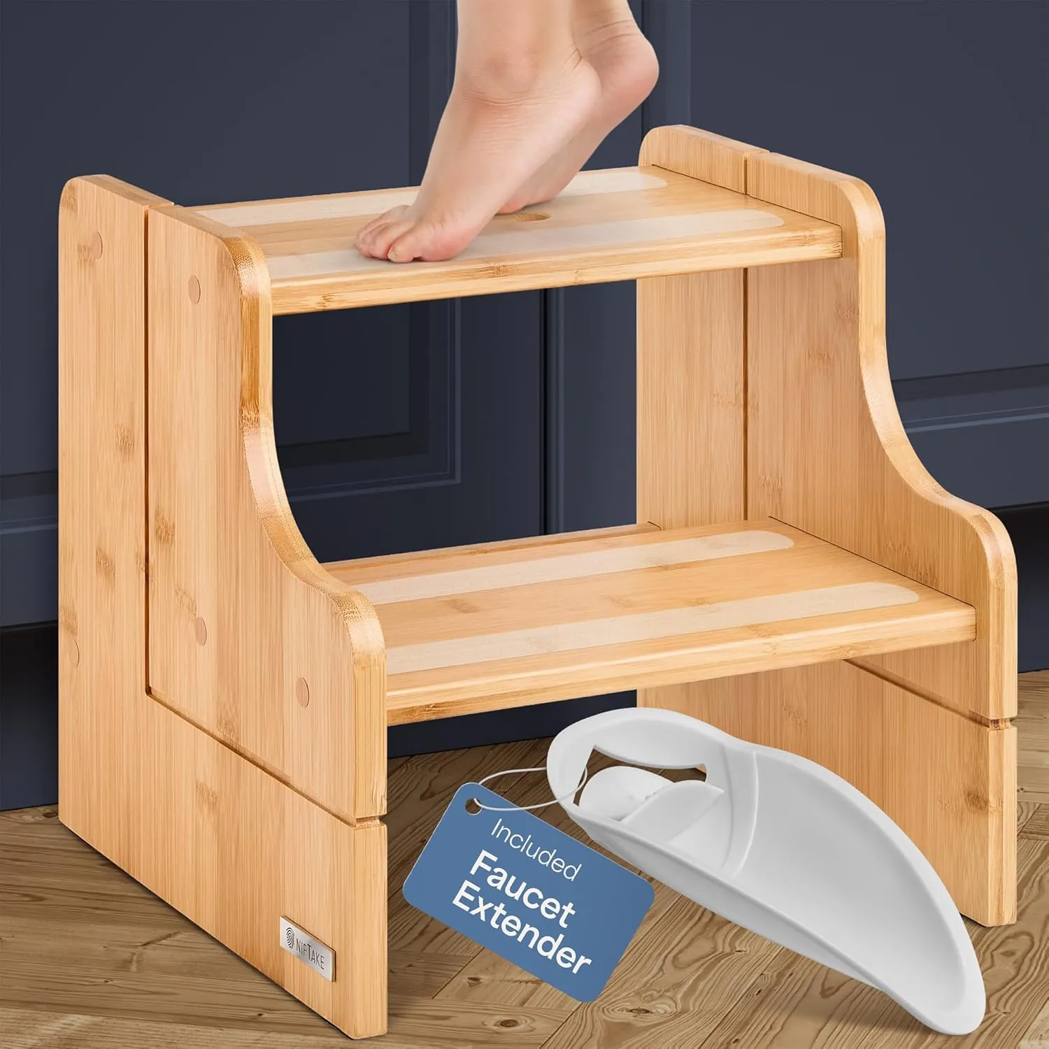 Small Step Stool, 200lb Capacity - Sturdy, Safe and Durable, Toddler Step Stool for Toddlers, Bamboo Toddler Stool, Potty Training, Kitchen Wooden Stepping Stool - w/Faucet Extender (Natural)