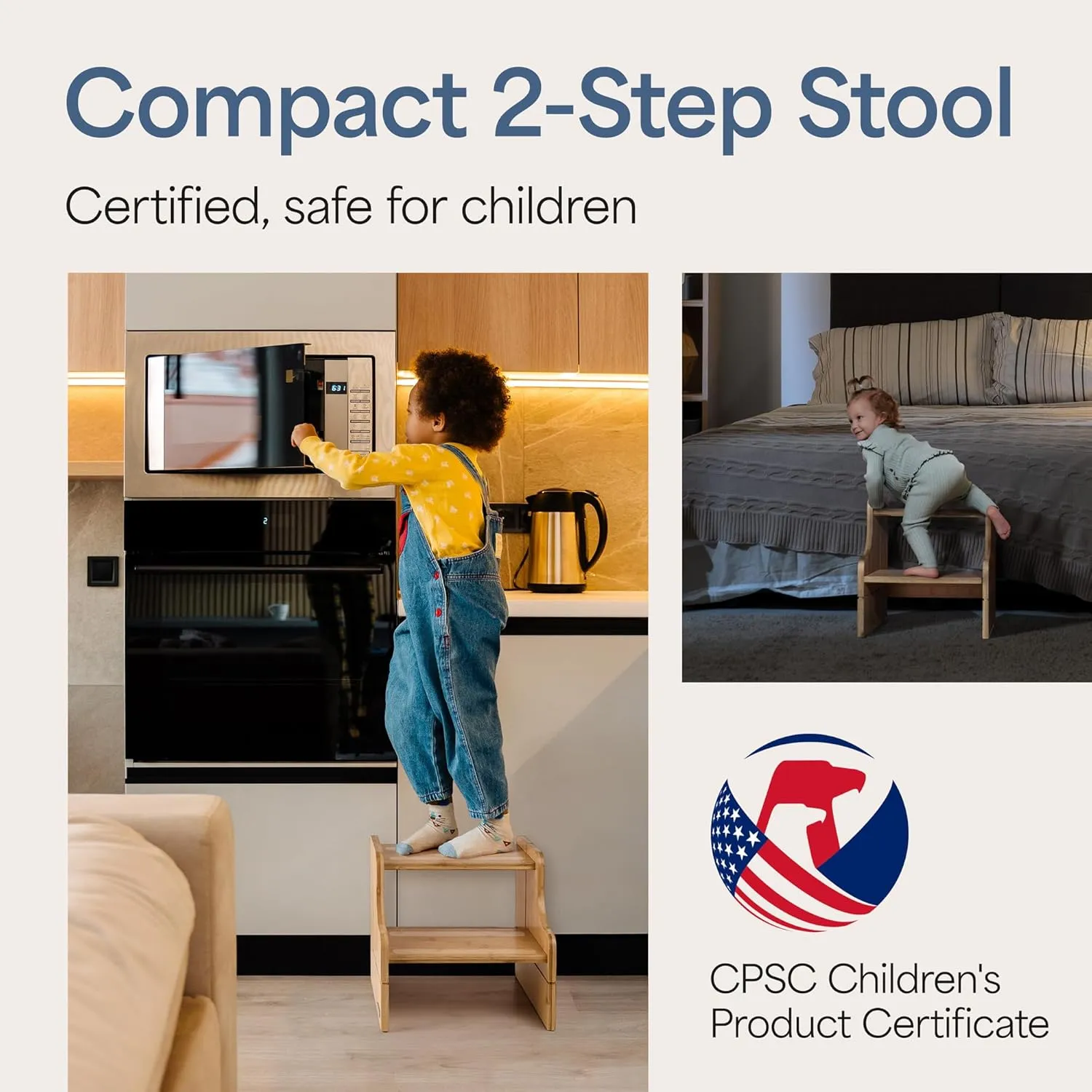 Small Step Stool, 200lb Capacity - Sturdy, Safe and Durable, Toddler Step Stool for Toddlers, Bamboo Toddler Stool, Potty Training, Kitchen Wooden Stepping Stool - w/Faucet Extender (Natural)