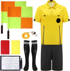 Soccer Referee Jersey, 7PCs Soccer Referee Kit, Referee Cards, Whistle, Socks, Flags, Soccer Referee Costume for Adult