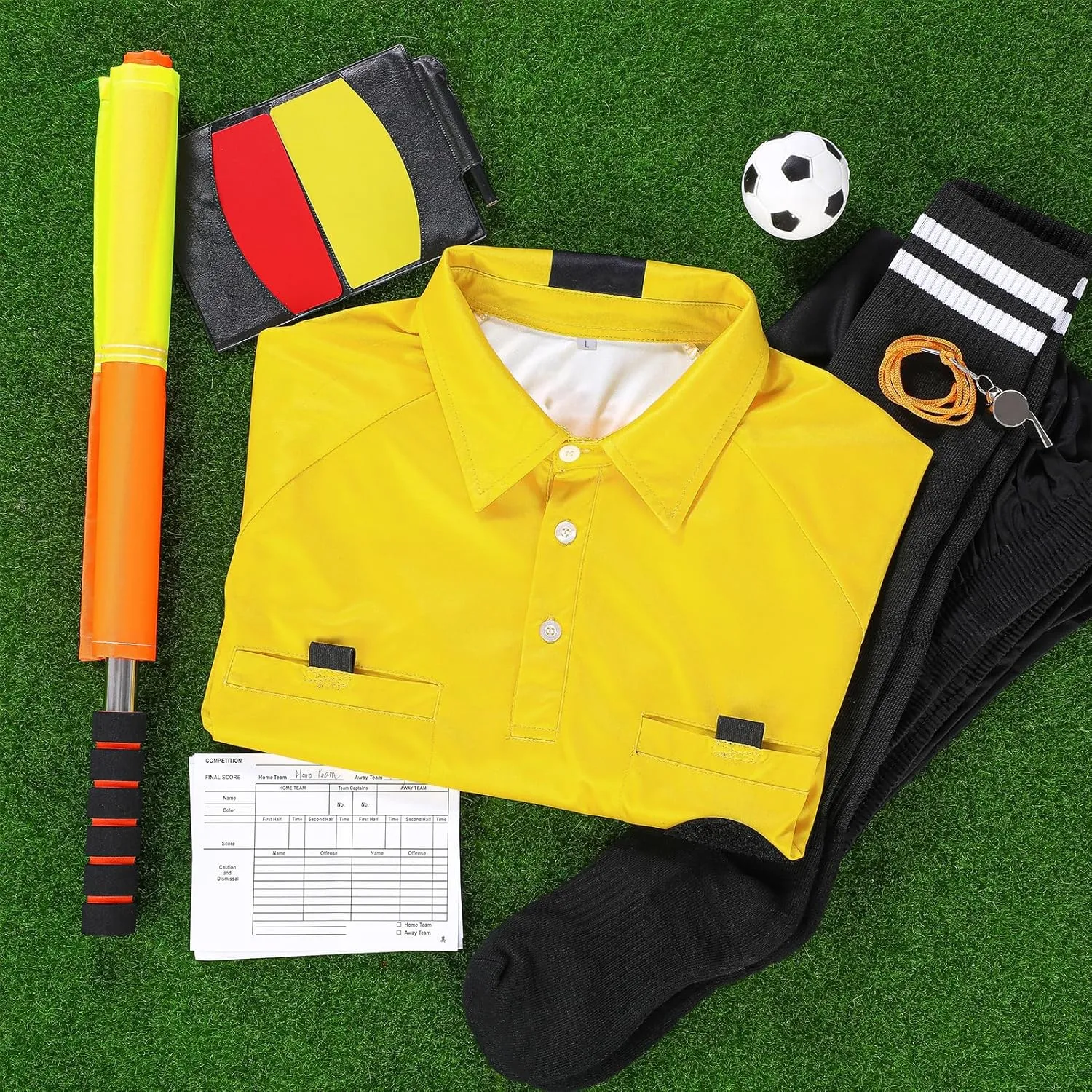 Soccer Referee Jersey, 7PCs Soccer Referee Kit, Referee Cards, Whistle, Socks, Flags, Soccer Referee Costume for Adult