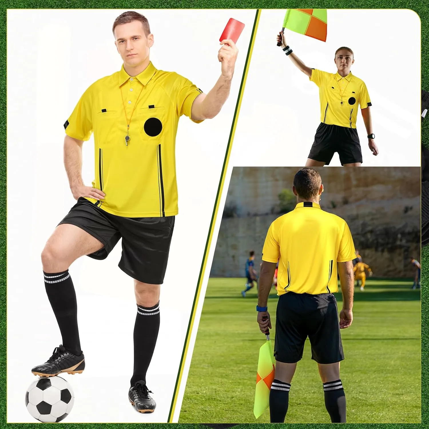 Soccer Referee Jersey, 7PCs Soccer Referee Kit, Referee Cards, Whistle, Socks, Flags, Soccer Referee Costume for Adult