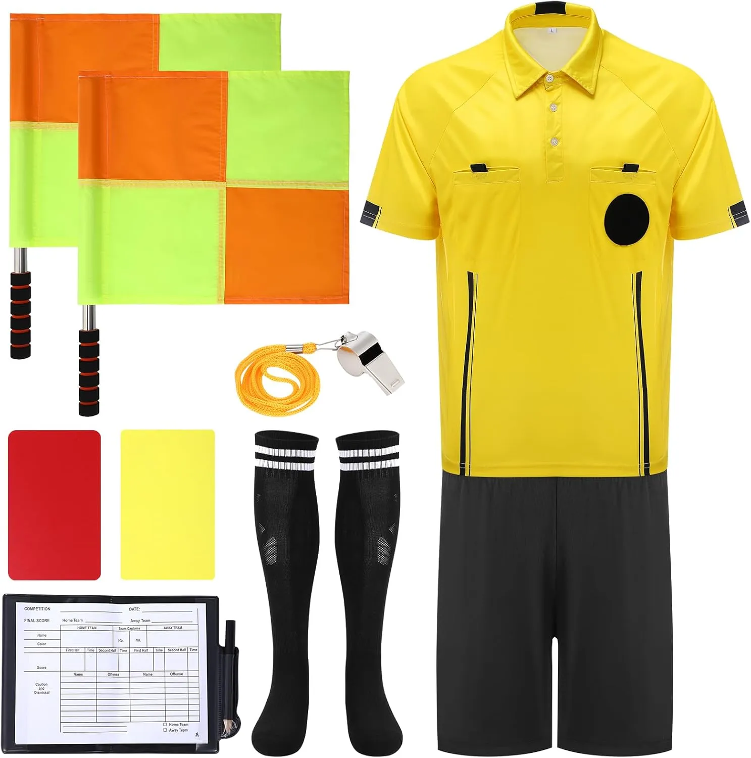 Soccer Referee Jersey, 7PCs Soccer Referee Kit, Referee Cards, Whistle, Socks, Flags, Soccer Referee Costume for Adult
