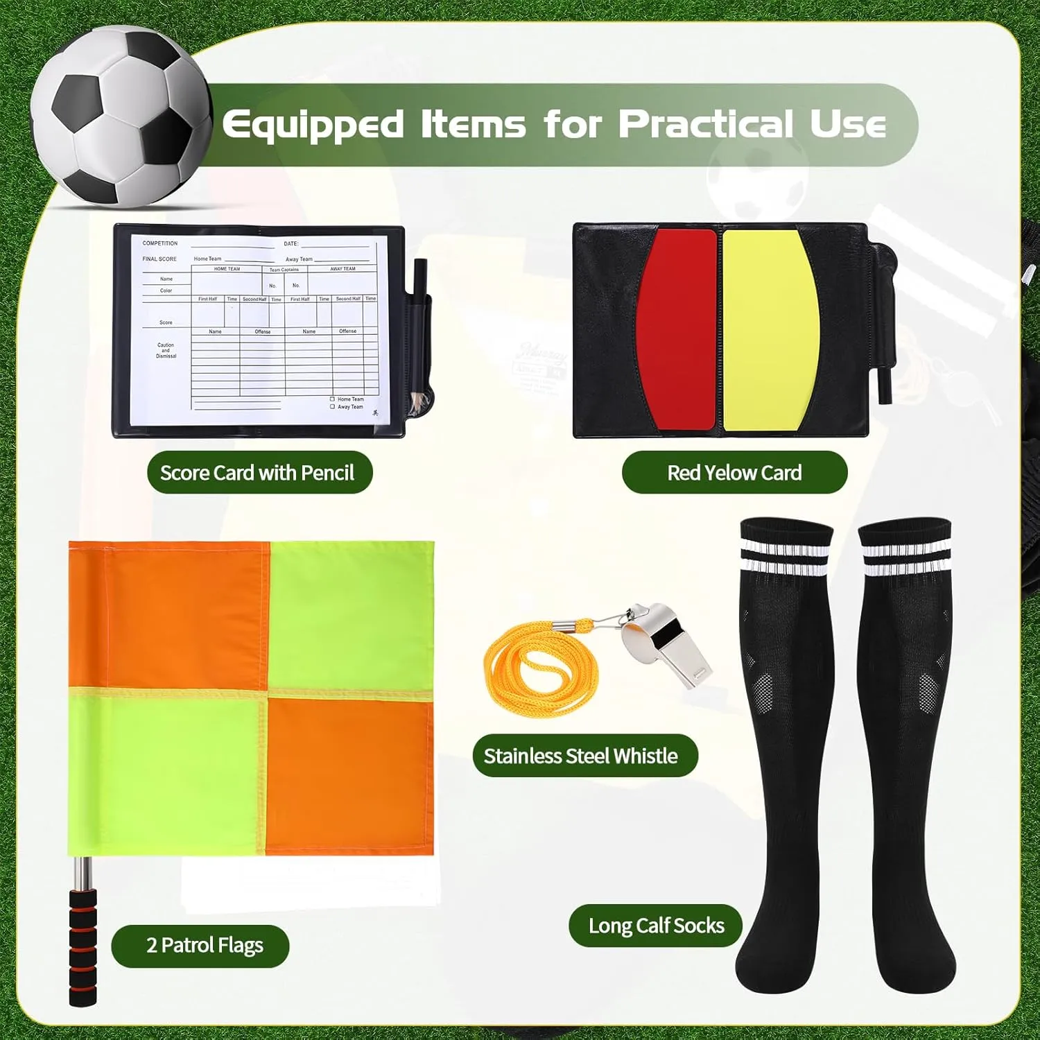 Soccer Referee Jersey, 7PCs Soccer Referee Kit, Referee Cards, Whistle, Socks, Flags, Soccer Referee Costume for Adult