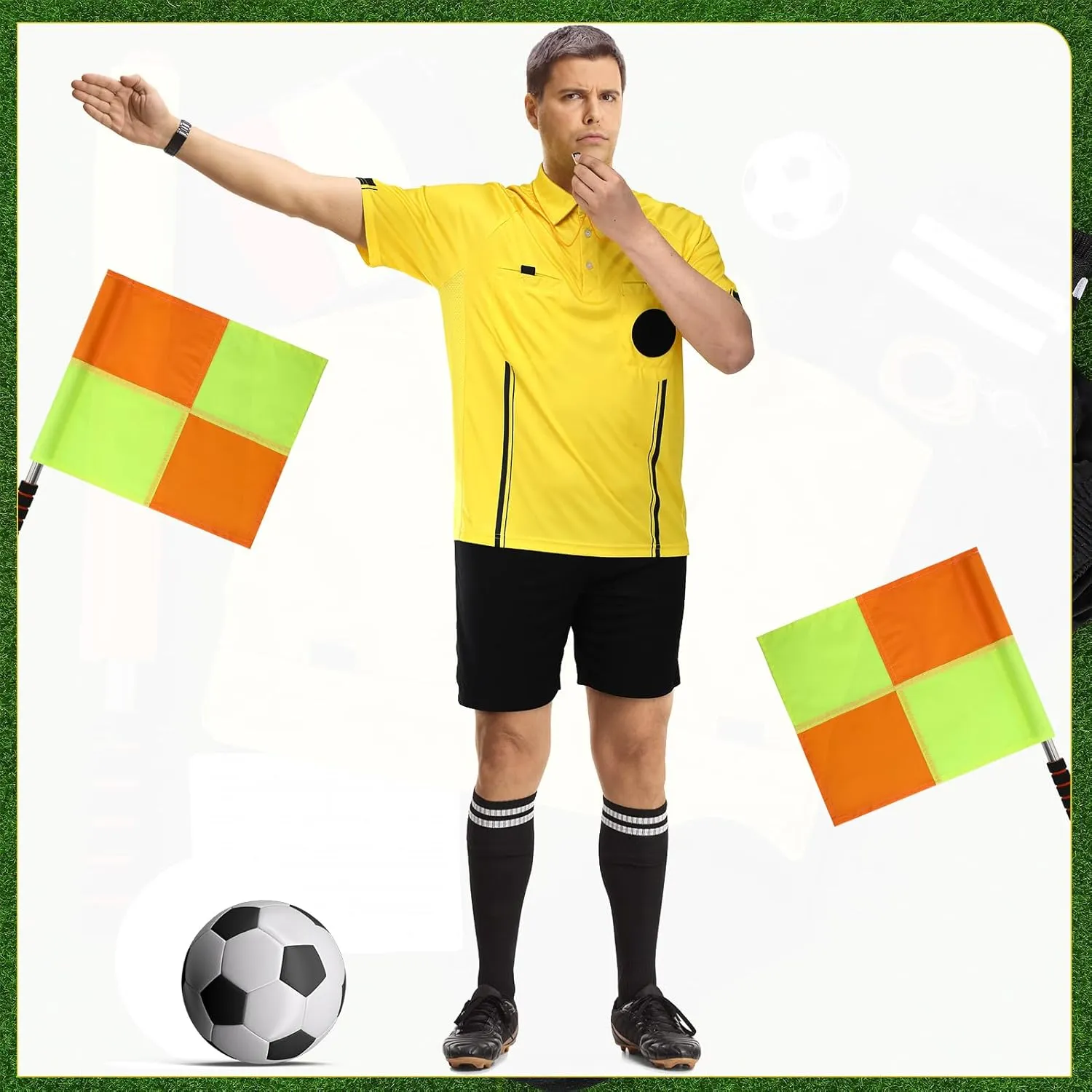 Soccer Referee Jersey, 7PCs Soccer Referee Kit, Referee Cards, Whistle, Socks, Flags, Soccer Referee Costume for Adult