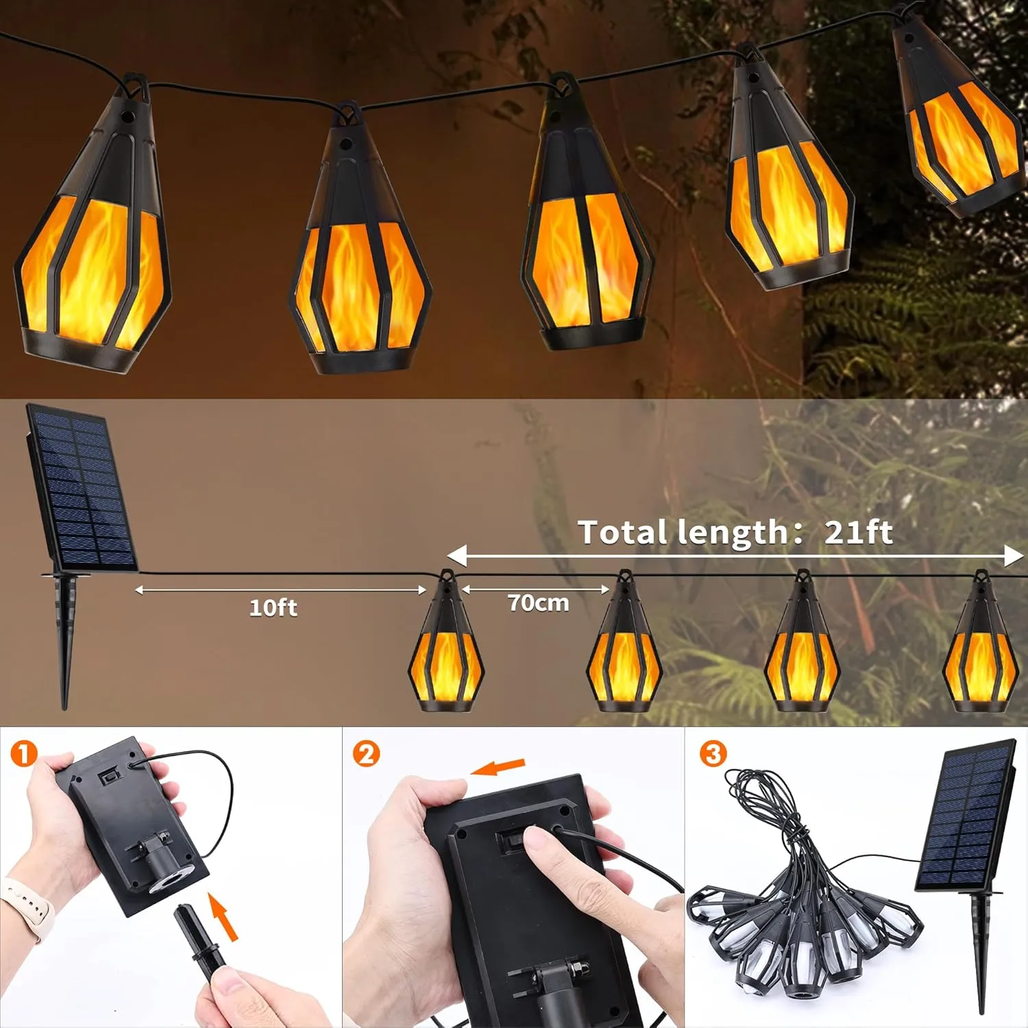 Solar String Lights for Outside, 21Ft Patio Lights with 10 Flickering Flame Light Bulbs, Waterproof Warm White Solar Powered Outdoor Light for Garden Yard Patio Gazebo Bistro Cafe Party Decoration