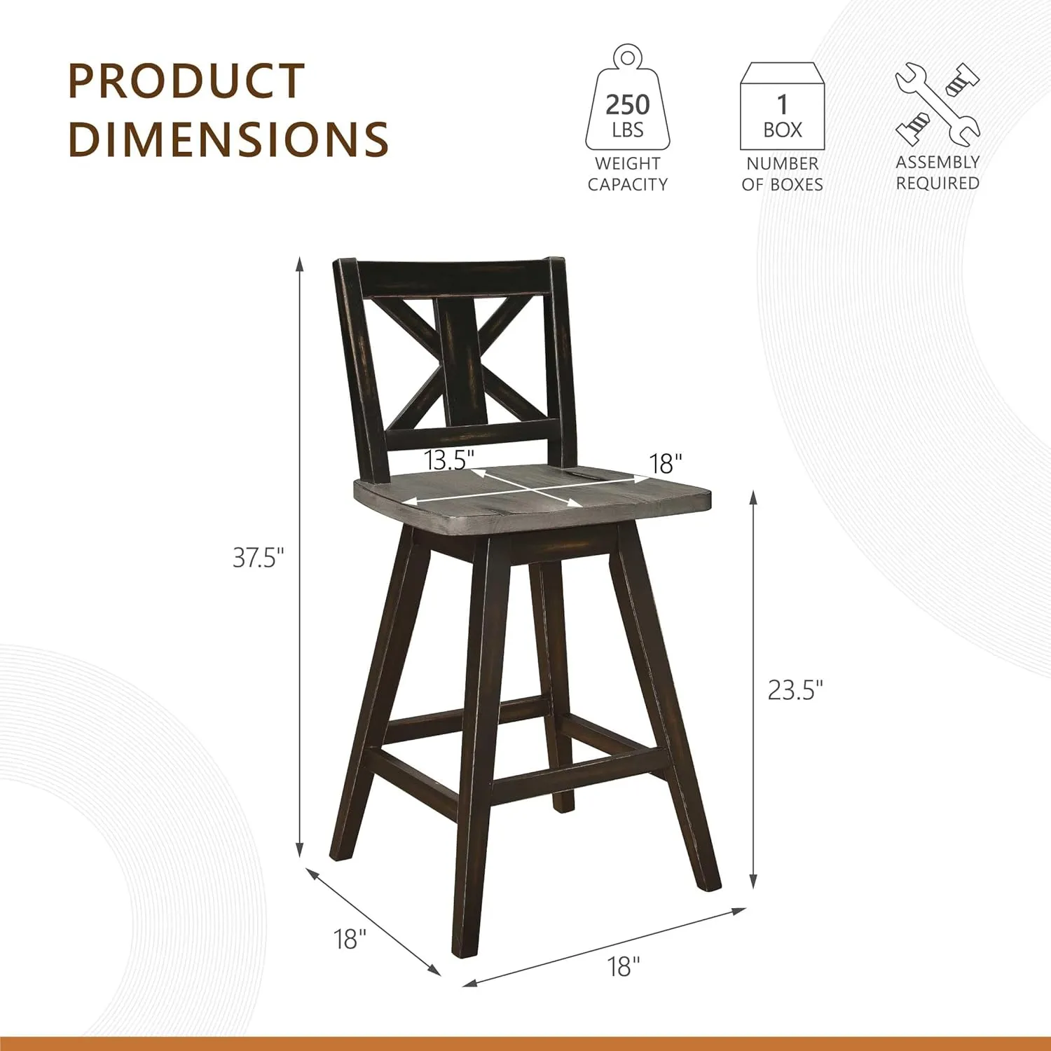 Solid Wood High Back Swivel Counter Height Bar Stools Set of 2, Kitchen Stools Counter Height, Foot Rest, X Back, Tall Wooden Armless Dining Chairs For Kitchen Island, Farmhouse, Rustic, Black