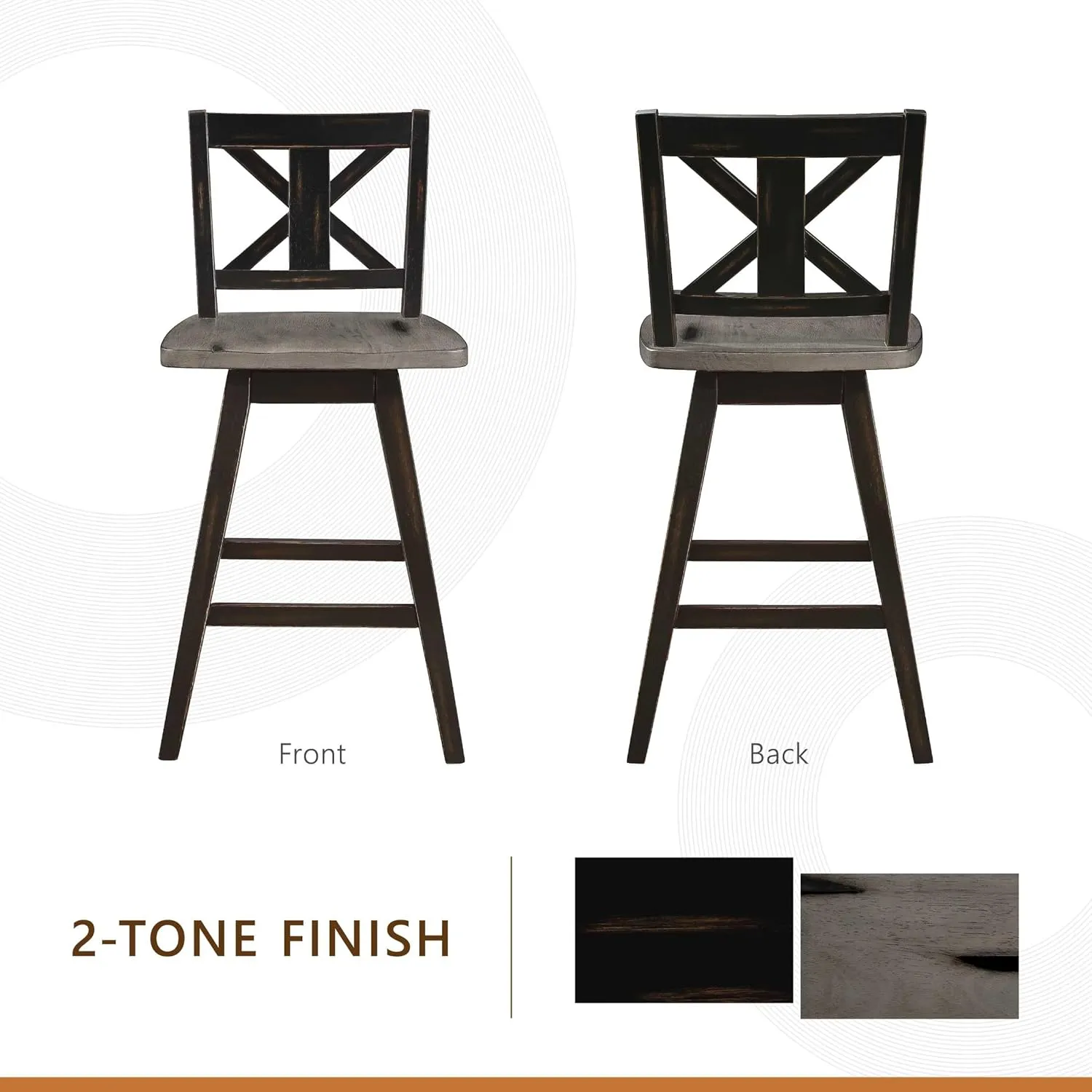 Solid Wood High Back Swivel Counter Height Bar Stools Set of 2, Kitchen Stools Counter Height, Foot Rest, X Back, Tall Wooden Armless Dining Chairs For Kitchen Island, Farmhouse, Rustic, Black
