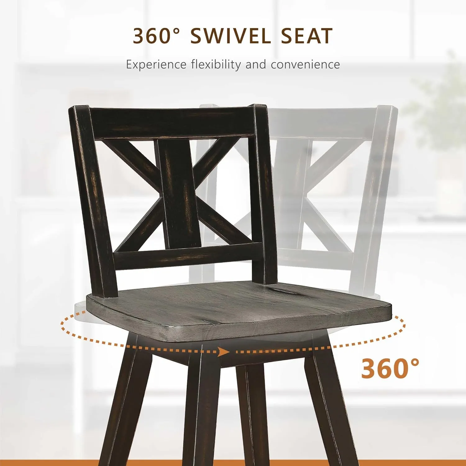 Solid Wood High Back Swivel Counter Height Bar Stools Set of 2, Kitchen Stools Counter Height, Foot Rest, X Back, Tall Wooden Armless Dining Chairs For Kitchen Island, Farmhouse, Rustic, Black