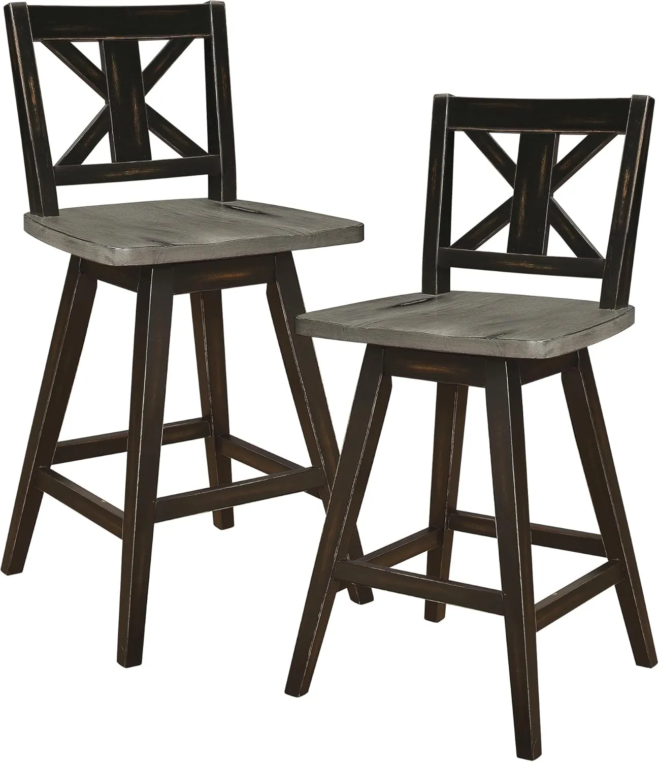 Solid Wood High Back Swivel Counter Height Bar Stools Set of 2, Kitchen Stools Counter Height, Foot Rest, X Back, Tall Wooden Armless Dining Chairs For Kitchen Island, Farmhouse, Rustic, Black