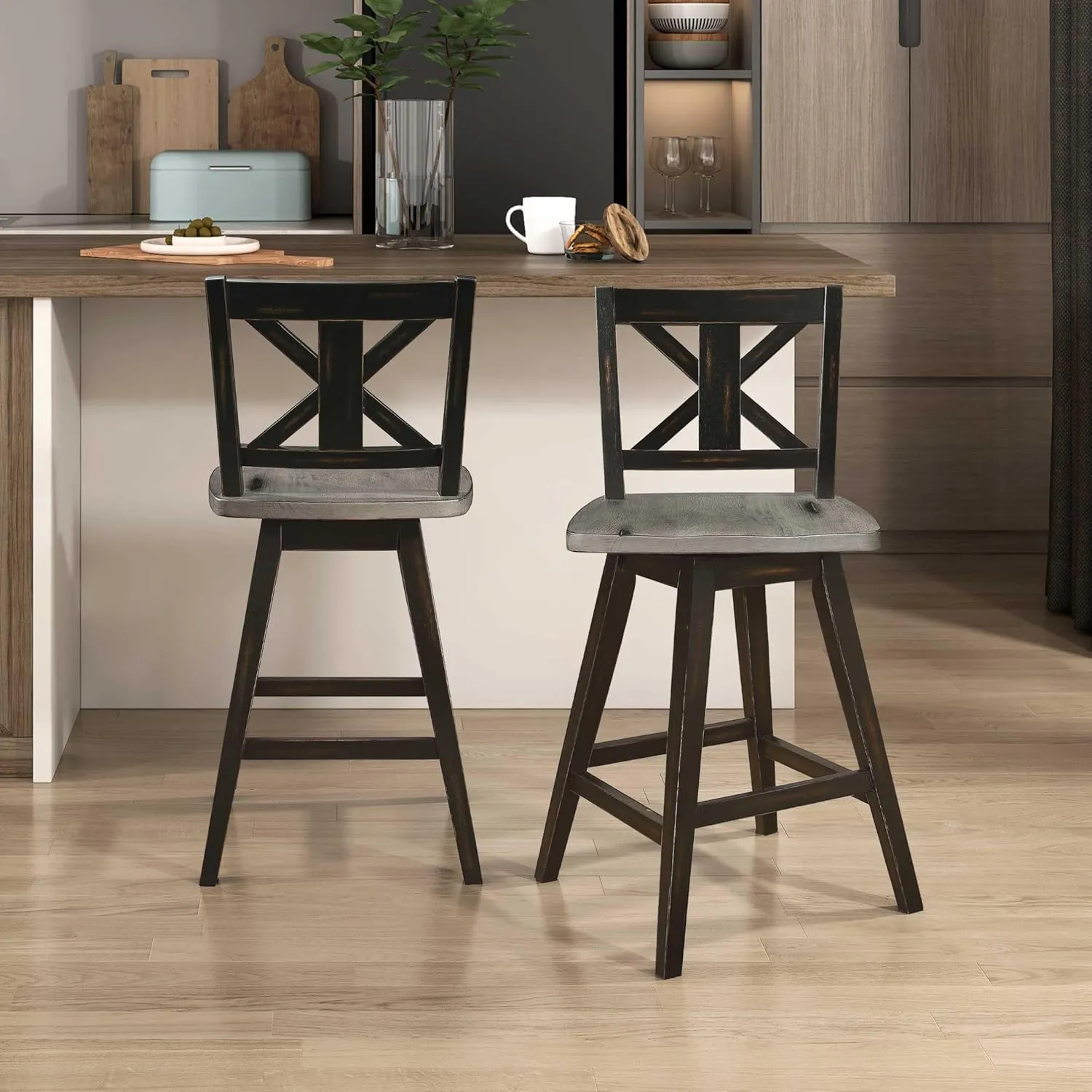 Solid Wood High Back Swivel Counter Height Bar Stools Set of 2, Kitchen Stools Counter Height, Foot Rest, X Back, Tall Wooden Armless Dining Chairs For Kitchen Island, Farmhouse, Rustic, Black