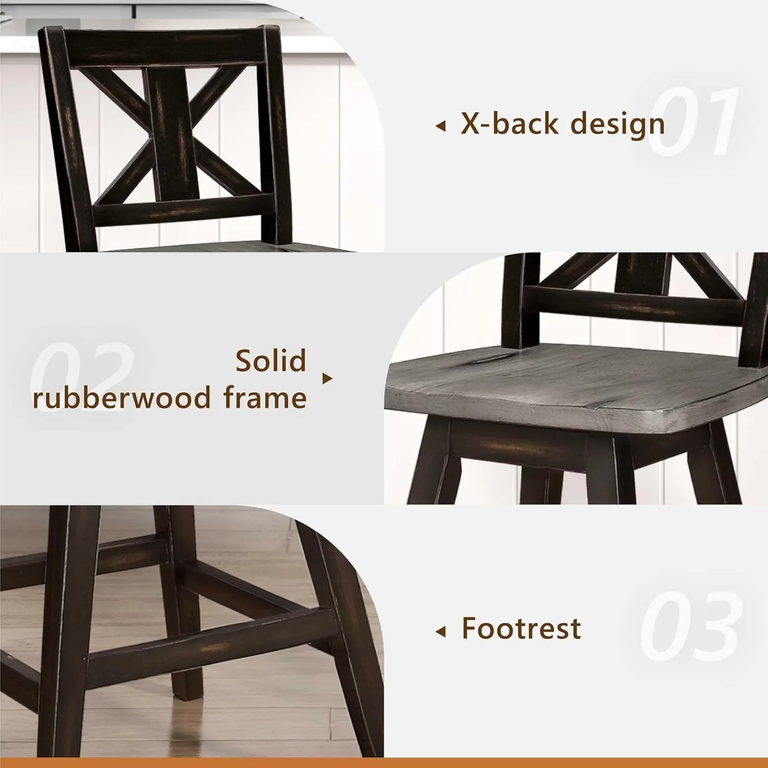 Solid Wood High Back Swivel Counter Height Bar Stools Set of 2, Kitchen Stools Counter Height, Foot Rest, X Back, Tall Wooden Armless Dining Chairs For Kitchen Island, Farmhouse, Rustic, Black