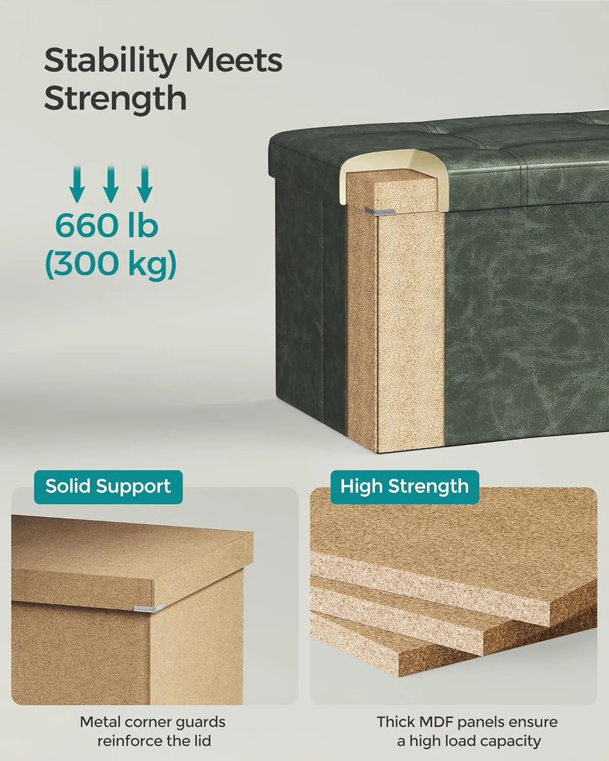 SONGMICS Mazie Collection - 30 Inches Folding Storage Ottoman Bench, Ottoman with Storage, Foot Rest Stool, Load 660 lb, for Living Room, Synthetic Leather, Forest Green ULSF040C01
