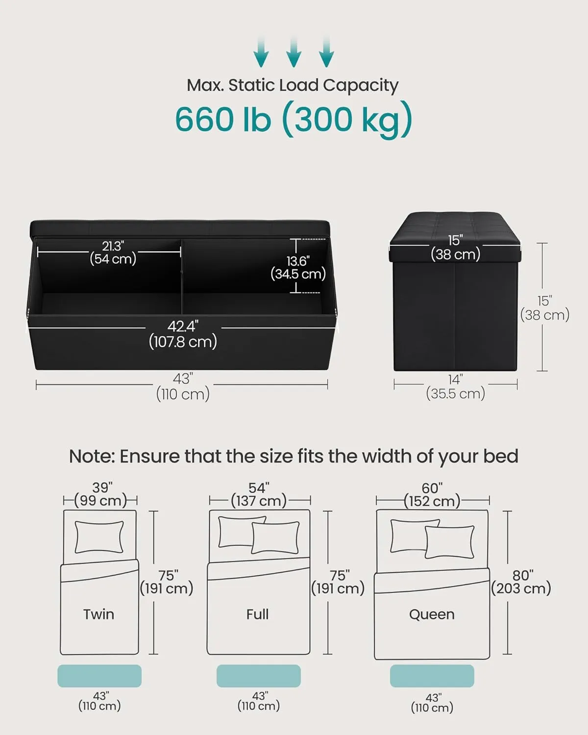 SONGMICS MAZIE Collection - 43 Inches Folding Storage Ottoman Bench, Ottoman with Storage, Foot Rest Stool, Load 660 lb, for Living Room, Synthetic Leather, Black ULSF701