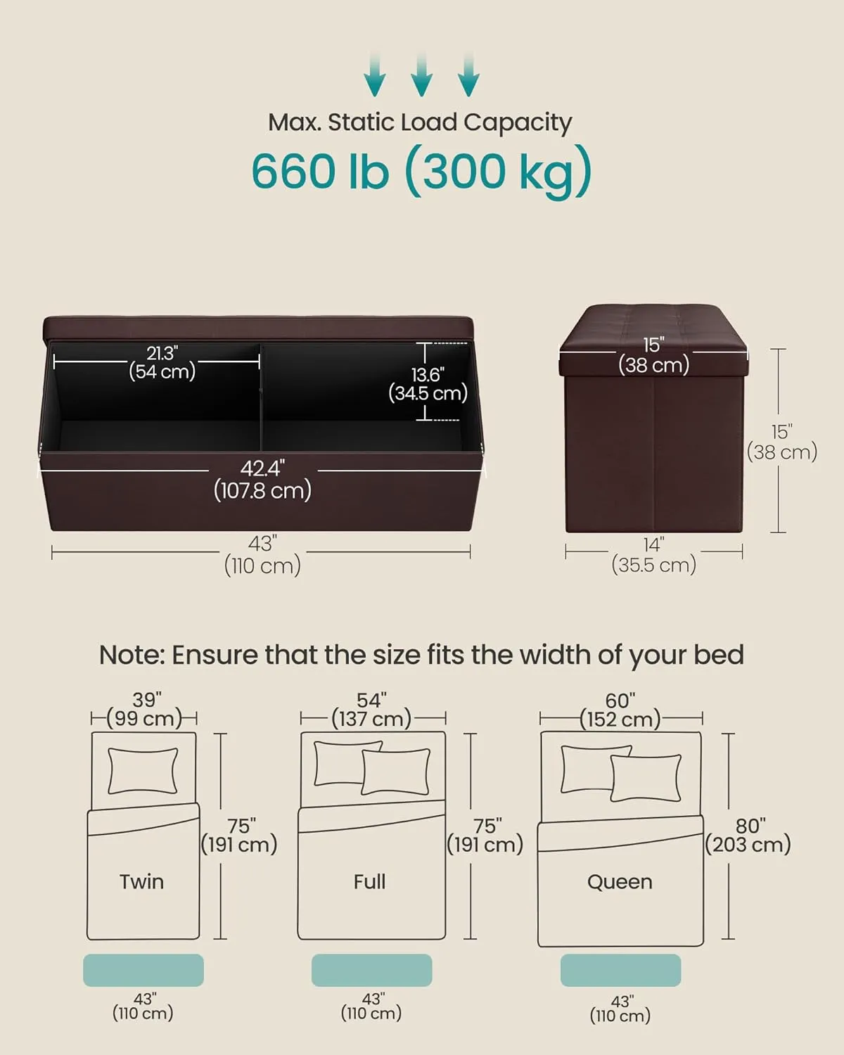 SONGMICS MAZIE Collection - 43 Inches Folding Storage Ottoman Bench, Ottoman with Storage, Foot Rest Stool, Load 660 lb, for Living Room, Synthetic Leather, Brown ULSF703