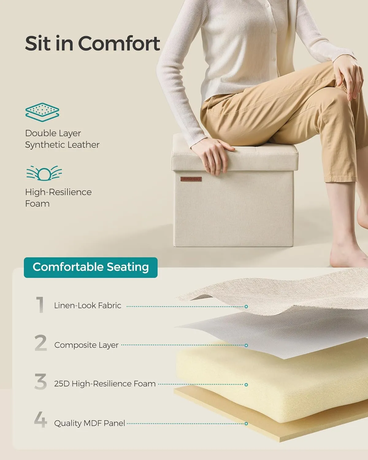 SONGMICS Mazie Collection - Small Folding Storage Ottoman, Foot Rest Stool, 12.2 x 16.1 x 12.2 Inches, 286 lb Load Capacity, for Living Room, Bedroom, Home Office, Dorm, Cream White ULSF102W01