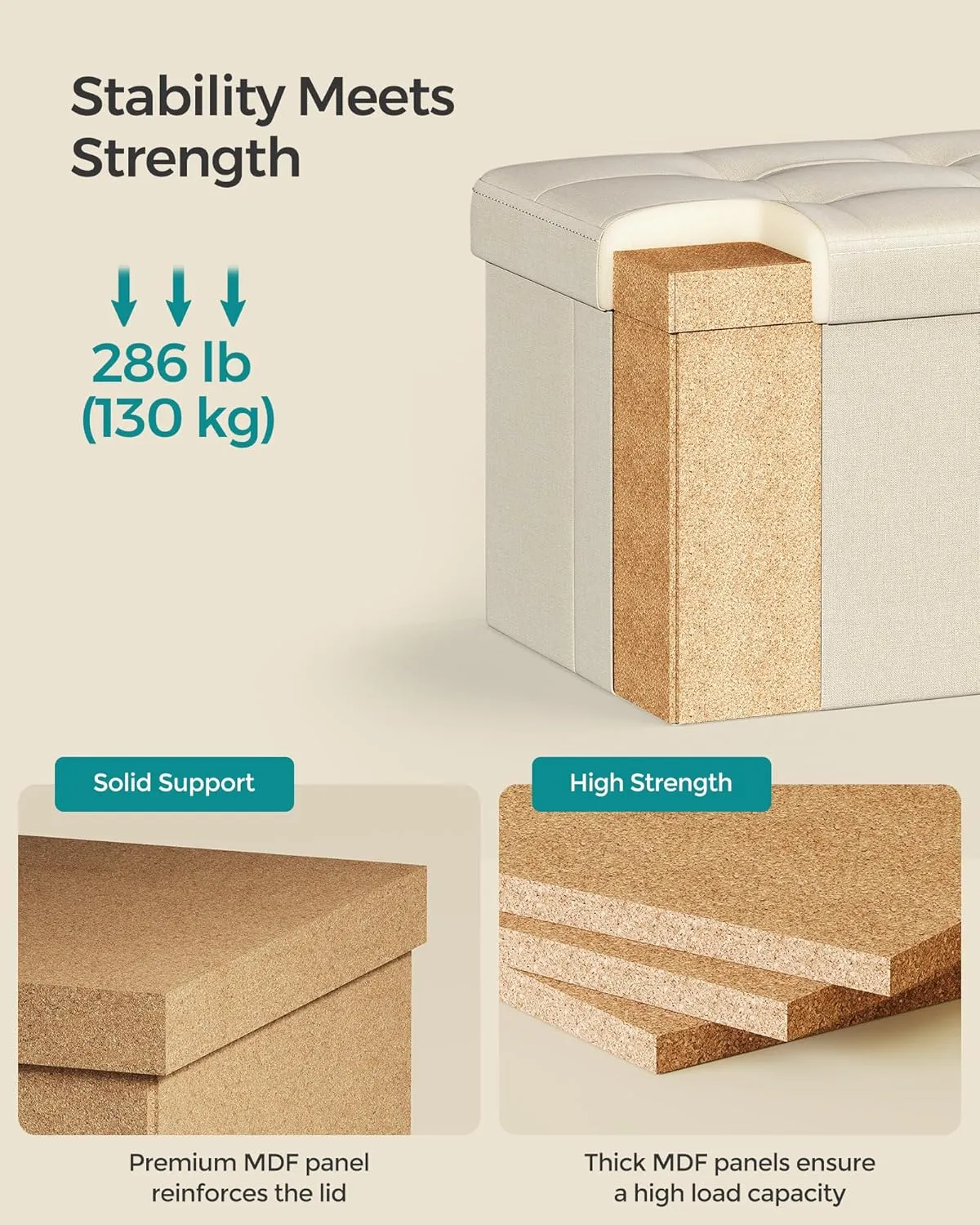 SONGMICS Mazie Collection - Small Folding Storage Ottoman, Foot Rest Stool, 12.2 x 16.1 x 12.2 Inches, 286 lb Load Capacity, for Living Room, Bedroom, Home Office, Dorm, Cream White ULSF102W01
