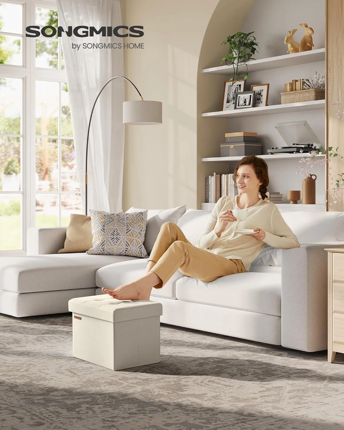 SONGMICS Mazie Collection - Small Folding Storage Ottoman, Foot Rest Stool, 12.2 x 16.1 x 12.2 Inches, 286 lb Load Capacity, for Living Room, Bedroom, Home Office, Dorm, Cream White ULSF102W01