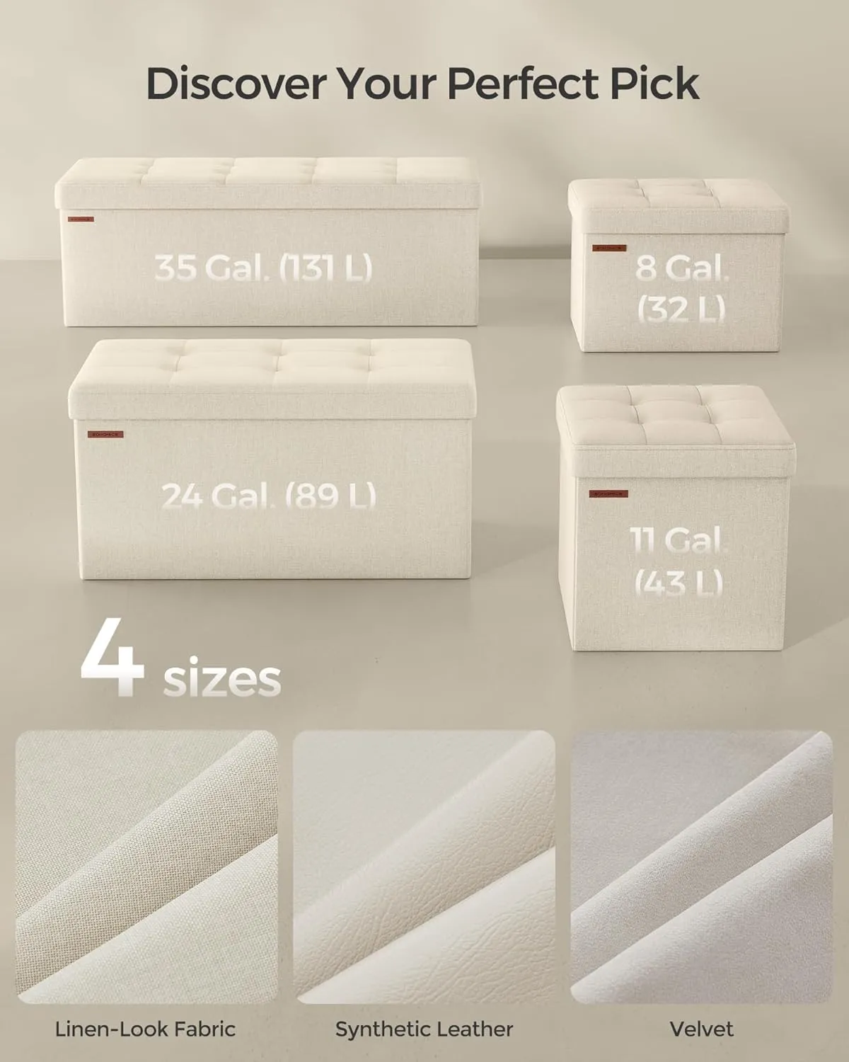 SONGMICS Mazie Collection - Small Folding Storage Ottoman, Foot Rest Stool, 12.2 x 16.1 x 12.2 Inches, 286 lb Load Capacity, for Living Room, Bedroom, Home Office, Dorm, Cream White ULSF102W01