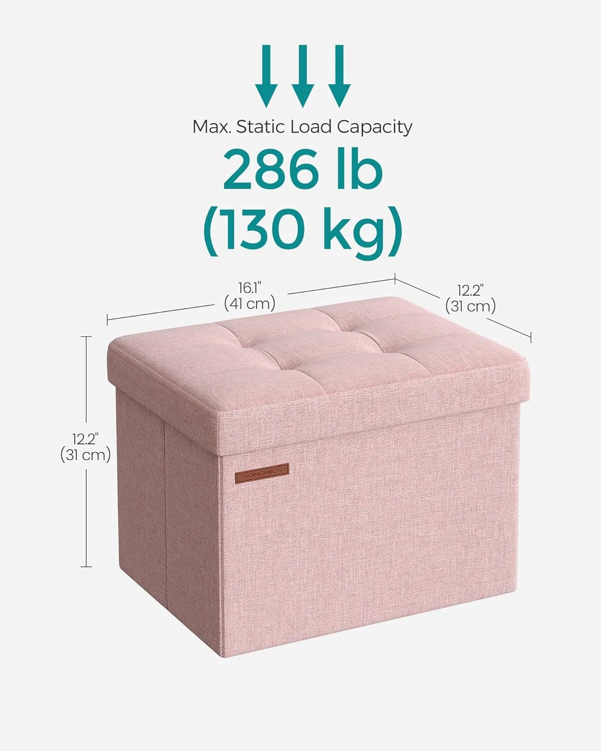 SONGMICS MAZIE Collection - Small Folding Storage Ottoman, Foot Rest Stool, 12.2 x 16.1 x 12.2 Inches, 286 lb Load Capacity, for Living Room, Bedroom, Home Office, Dorm, Jelly Pink ULSF102R01