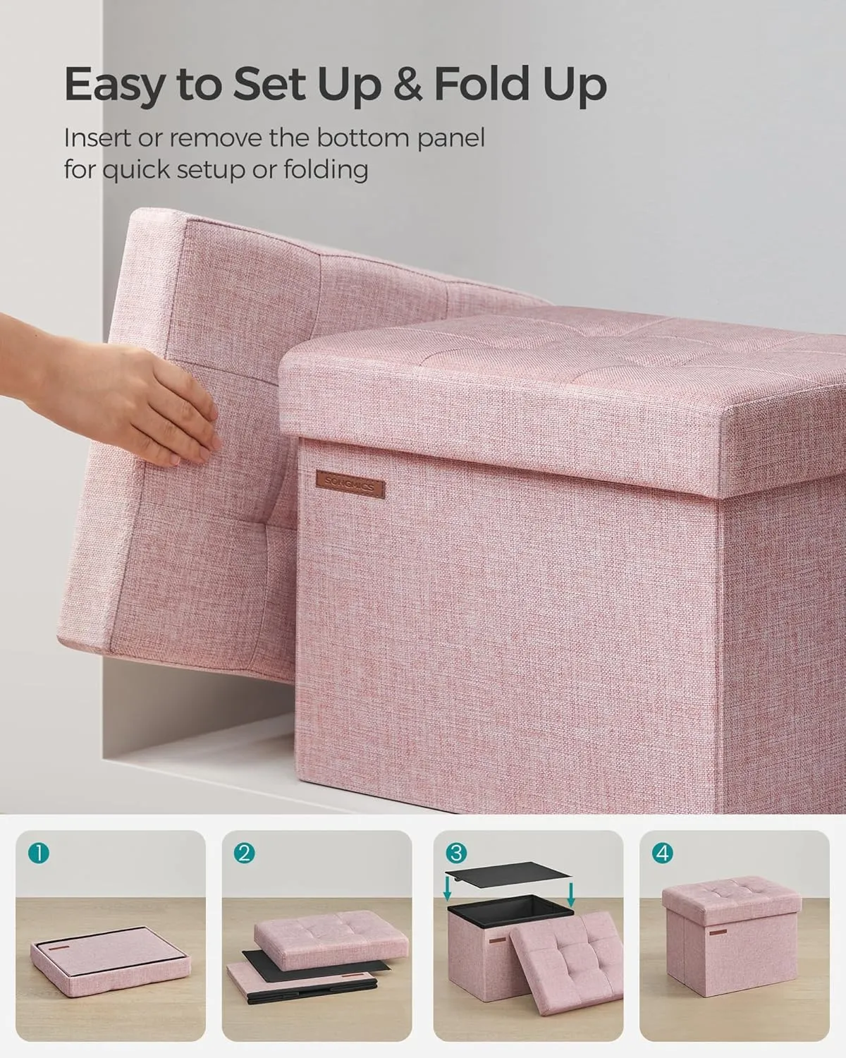 SONGMICS MAZIE Collection - Small Folding Storage Ottoman, Foot Rest Stool, 12.2 x 16.1 x 12.2 Inches, 286 lb Load Capacity, for Living Room, Bedroom, Home Office, Dorm, Jelly Pink ULSF102R01