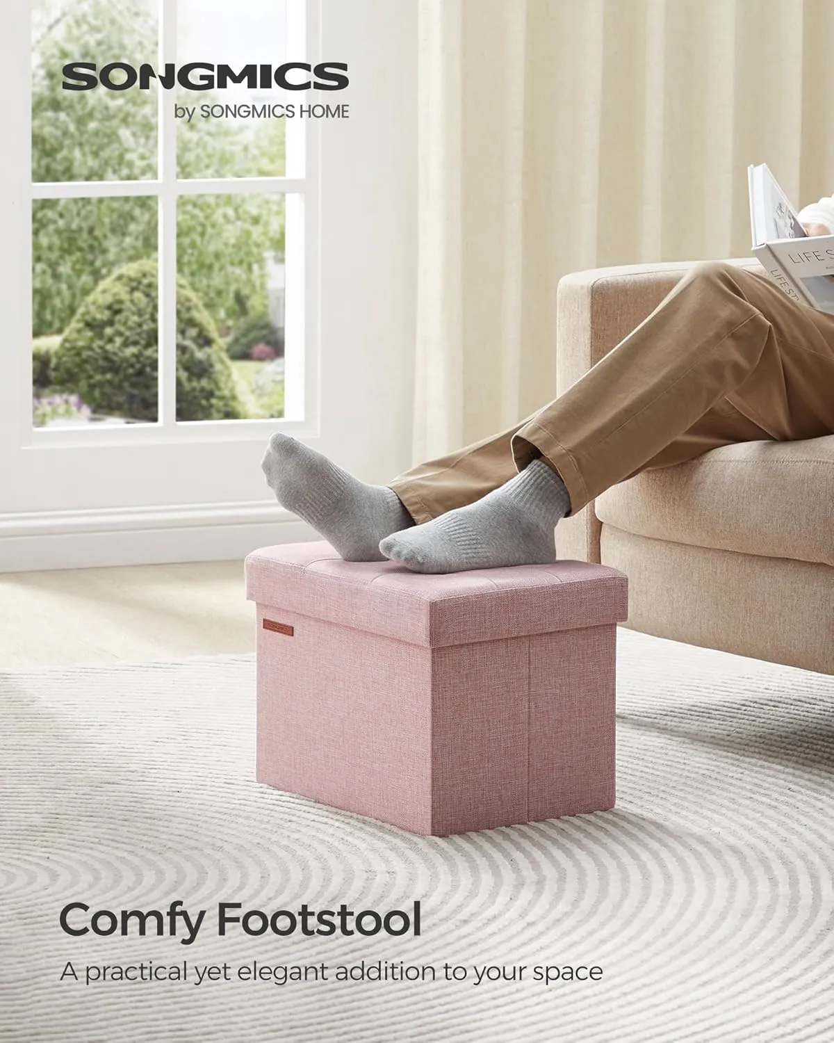 SONGMICS MAZIE Collection - Small Folding Storage Ottoman, Foot Rest Stool, 12.2 x 16.1 x 12.2 Inches, 286 lb Load Capacity, for Living Room, Bedroom, Home Office, Dorm, Jelly Pink ULSF102R01