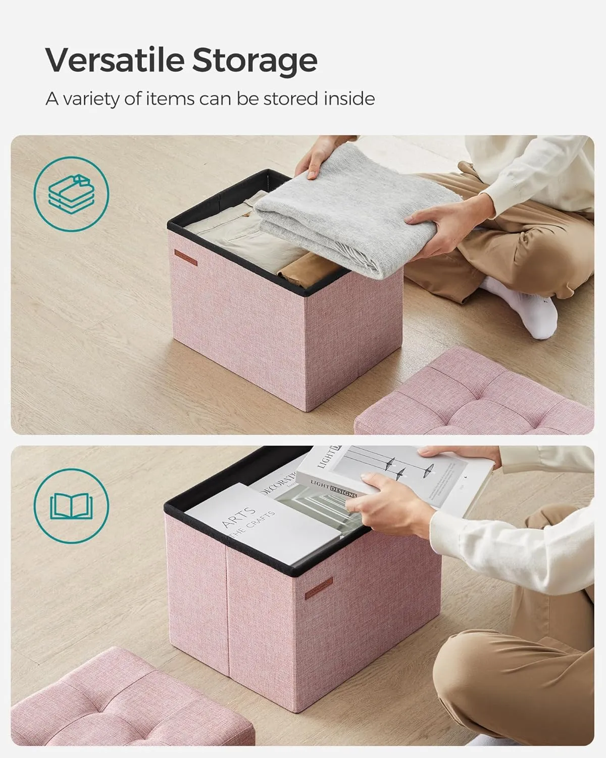 SONGMICS MAZIE Collection - Small Folding Storage Ottoman, Foot Rest Stool, 12.2 x 16.1 x 12.2 Inches, 286 lb Load Capacity, for Living Room, Bedroom, Home Office, Dorm, Jelly Pink ULSF102R01