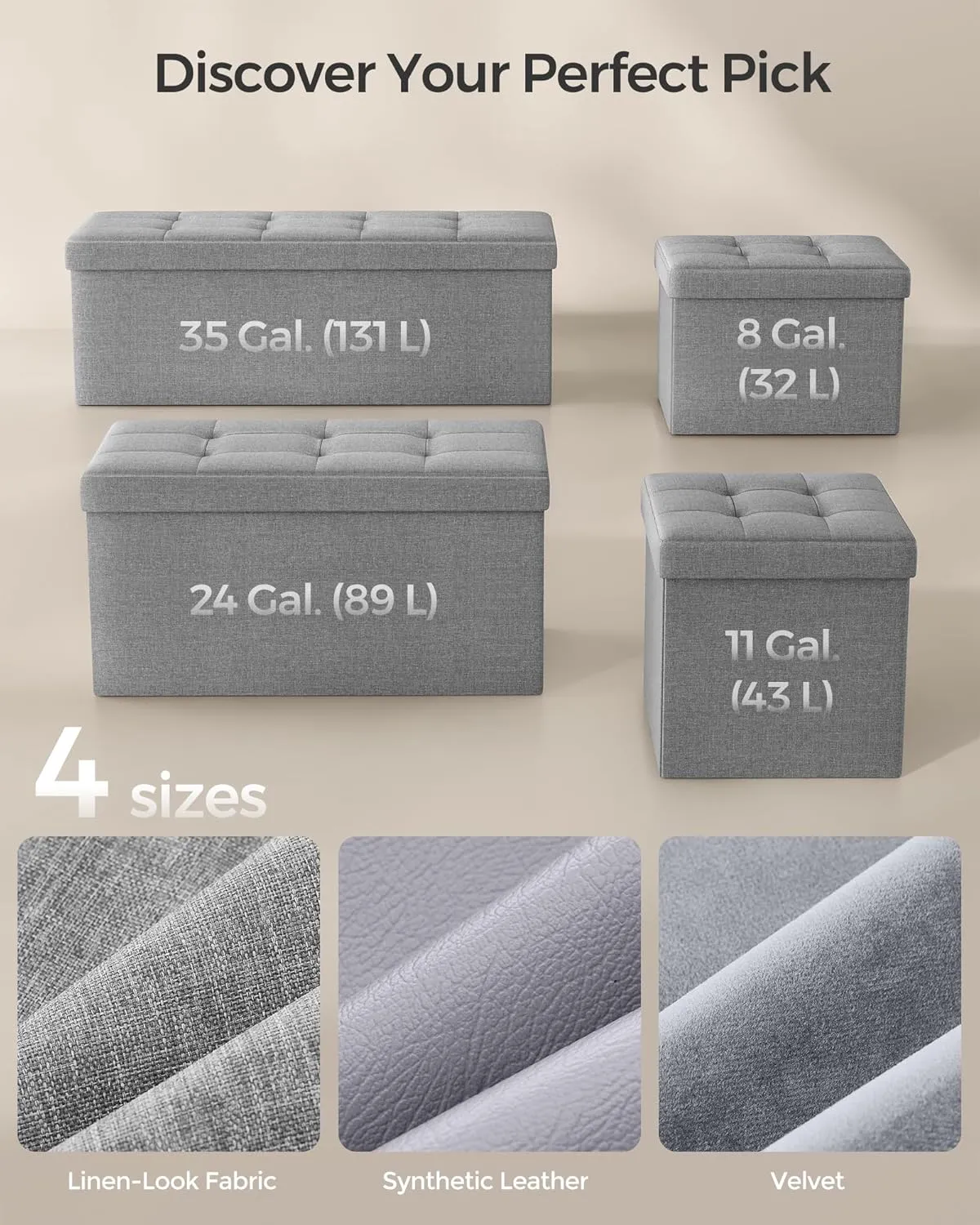 SONGMICS Mazie Collection - Small Folding Storage Ottoman, Foot Rest Stool, 12.2 x 16.1 x 12.2 Inches, 286 lb Load Capacity, for Living Room, Bedroom, Home Office, Dorm, Light Gray ULSF102G02