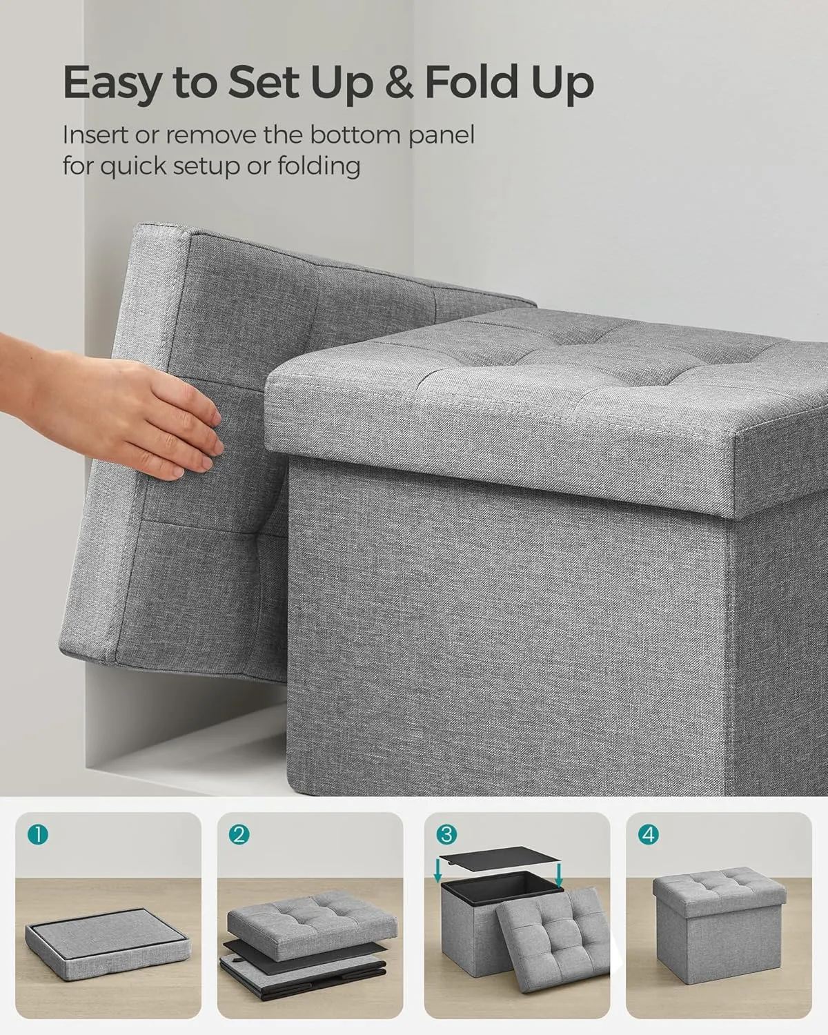 SONGMICS Mazie Collection - Small Folding Storage Ottoman, Foot Rest Stool, 12.2 x 16.1 x 12.2 Inches, 286 lb Load Capacity, for Living Room, Bedroom, Home Office, Dorm, Light Gray ULSF102G02