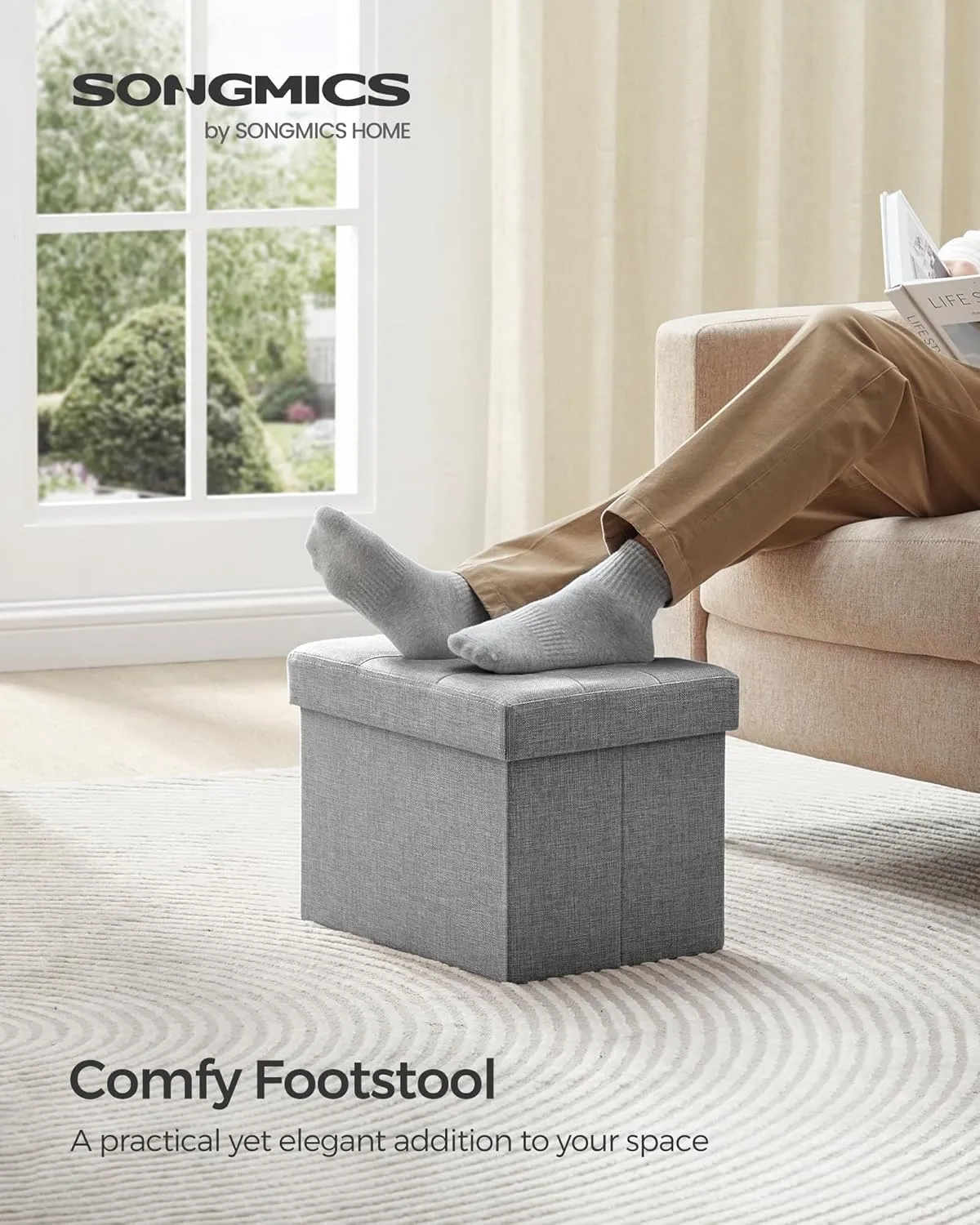 SONGMICS Mazie Collection - Small Folding Storage Ottoman, Foot Rest Stool, 12.2 x 16.1 x 12.2 Inches, 286 lb Load Capacity, for Living Room, Bedroom, Home Office, Dorm, Light Gray ULSF102G02