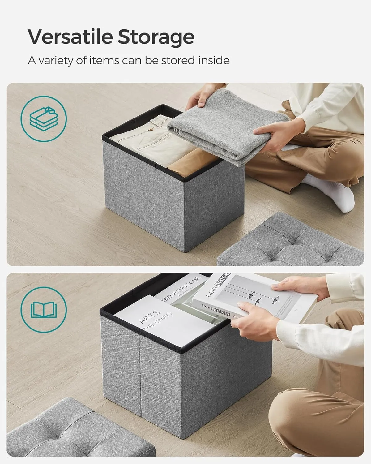 SONGMICS Mazie Collection - Small Folding Storage Ottoman, Foot Rest Stool, 12.2 x 16.1 x 12.2 Inches, 286 lb Load Capacity, for Living Room, Bedroom, Home Office, Dorm, Light Gray ULSF102G02