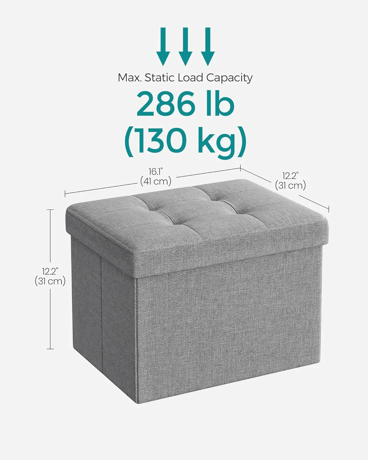 SONGMICS Mazie Collection - Small Folding Storage Ottoman, Foot Rest Stool, 12.2 x 16.1 x 12.2 Inches, 286 lb Load Capacity, for Living Room, Bedroom, Home Office, Dorm, Light Gray ULSF102G02