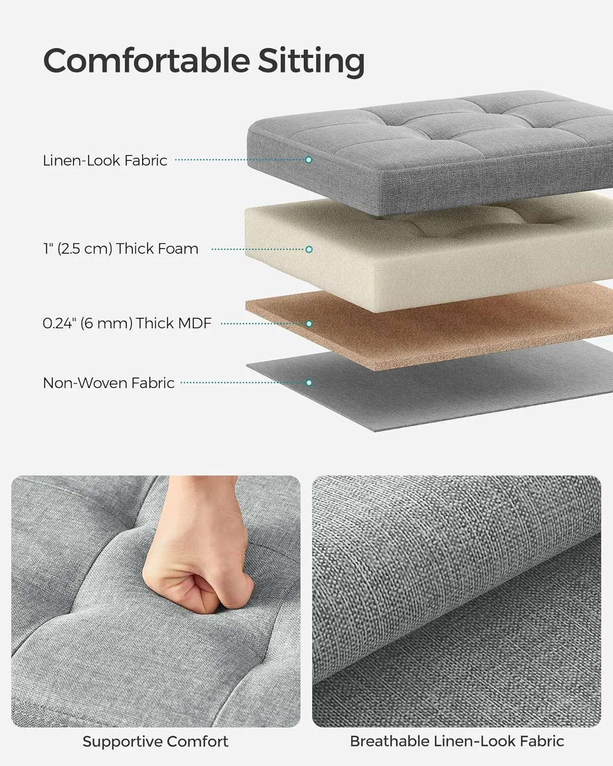 SONGMICS Mazie Collection - Small Folding Storage Ottoman, Foot Rest Stool, 12.2 x 16.1 x 12.2 Inches, 286 lb Load Capacity, for Living Room, Bedroom, Home Office, Dorm, Light Gray ULSF102G02