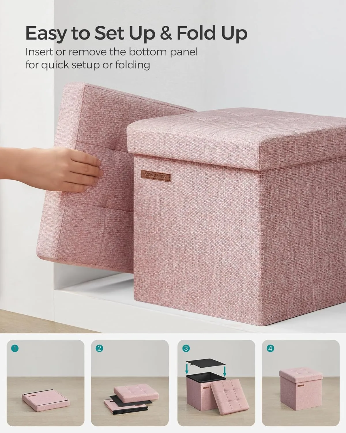 SONGMICS Storage Ottoman, Foldable Small Ottoman Foot Rest, 11.8 Inches Foot Stool, Cube Ottoman with Storage, Load up to 286 lb, for Living Room, Bedroom, Dorm, Jelly Pink ULSF028R01