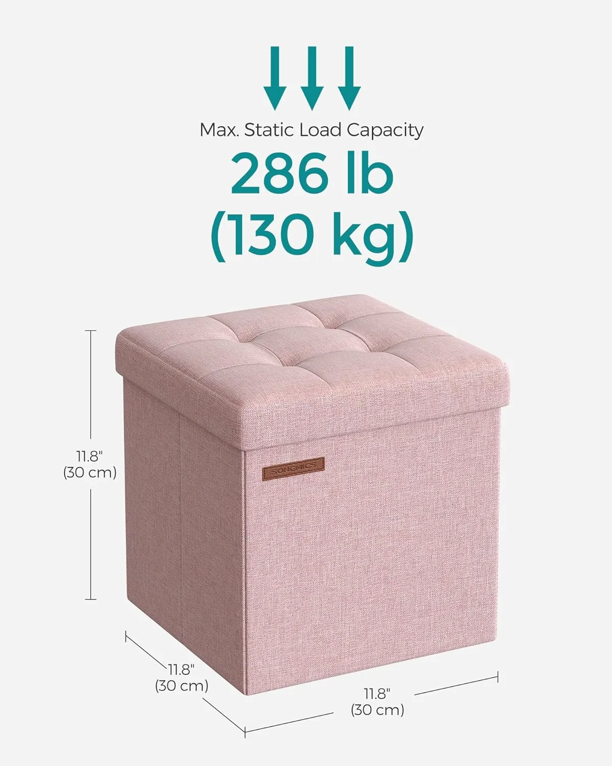 SONGMICS Storage Ottoman, Foldable Small Ottoman Foot Rest, 11.8 Inches Foot Stool, Cube Ottoman with Storage, Load up to 286 lb, for Living Room, Bedroom, Dorm, Jelly Pink ULSF028R01