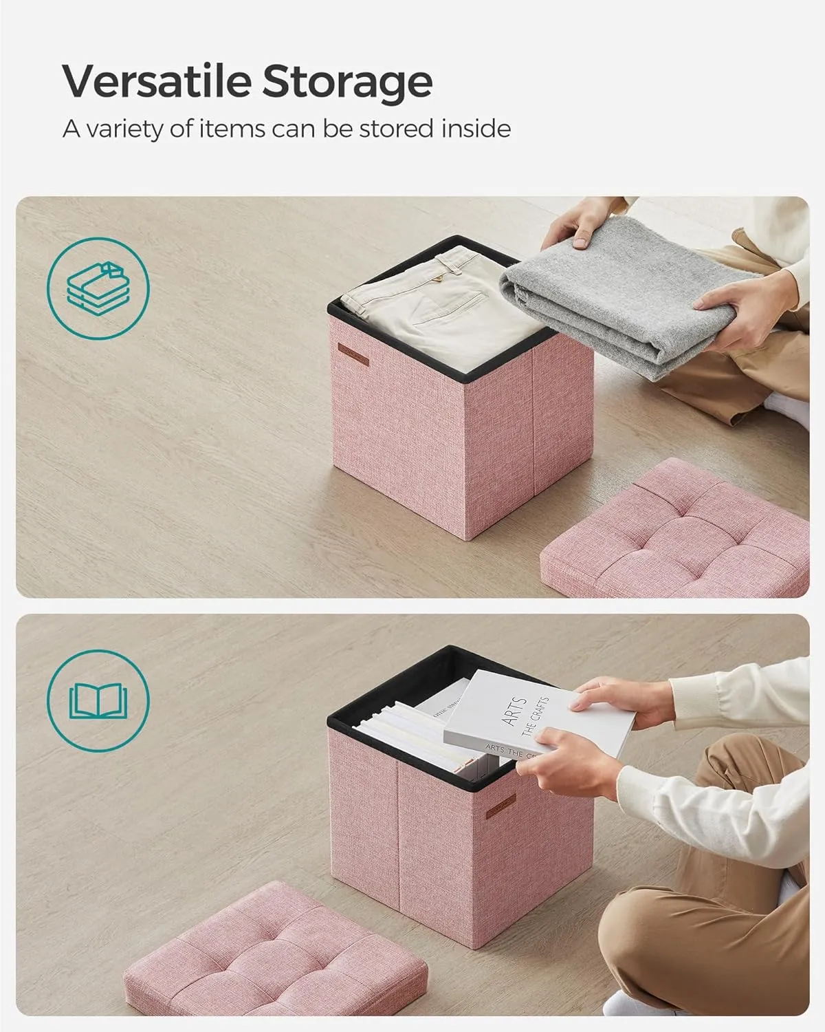 SONGMICS Storage Ottoman, Foldable Small Ottoman Foot Rest, 11.8 Inches Foot Stool, Cube Ottoman with Storage, Load up to 286 lb, for Living Room, Bedroom, Dorm, Jelly Pink ULSF028R01