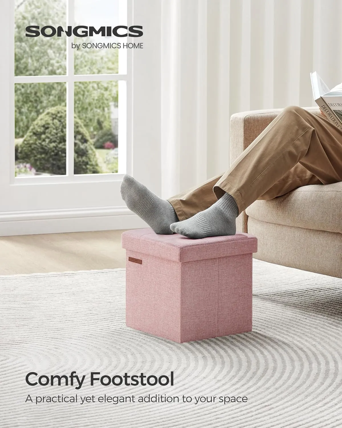 SONGMICS Storage Ottoman, Foldable Small Ottoman Foot Rest, 11.8 Inches Foot Stool, Cube Ottoman with Storage, Load up to 286 lb, for Living Room, Bedroom, Dorm, Jelly Pink ULSF028R01