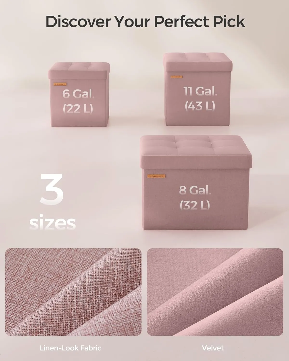 SONGMICS Storage Ottoman, Foldable Small Ottoman Foot Rest, 11.8 Inches Foot Stool, Cube Ottoman with Storage, Load up to 286 lb, for Living Room, Bedroom, Dorm, Jelly Pink ULSF028R01