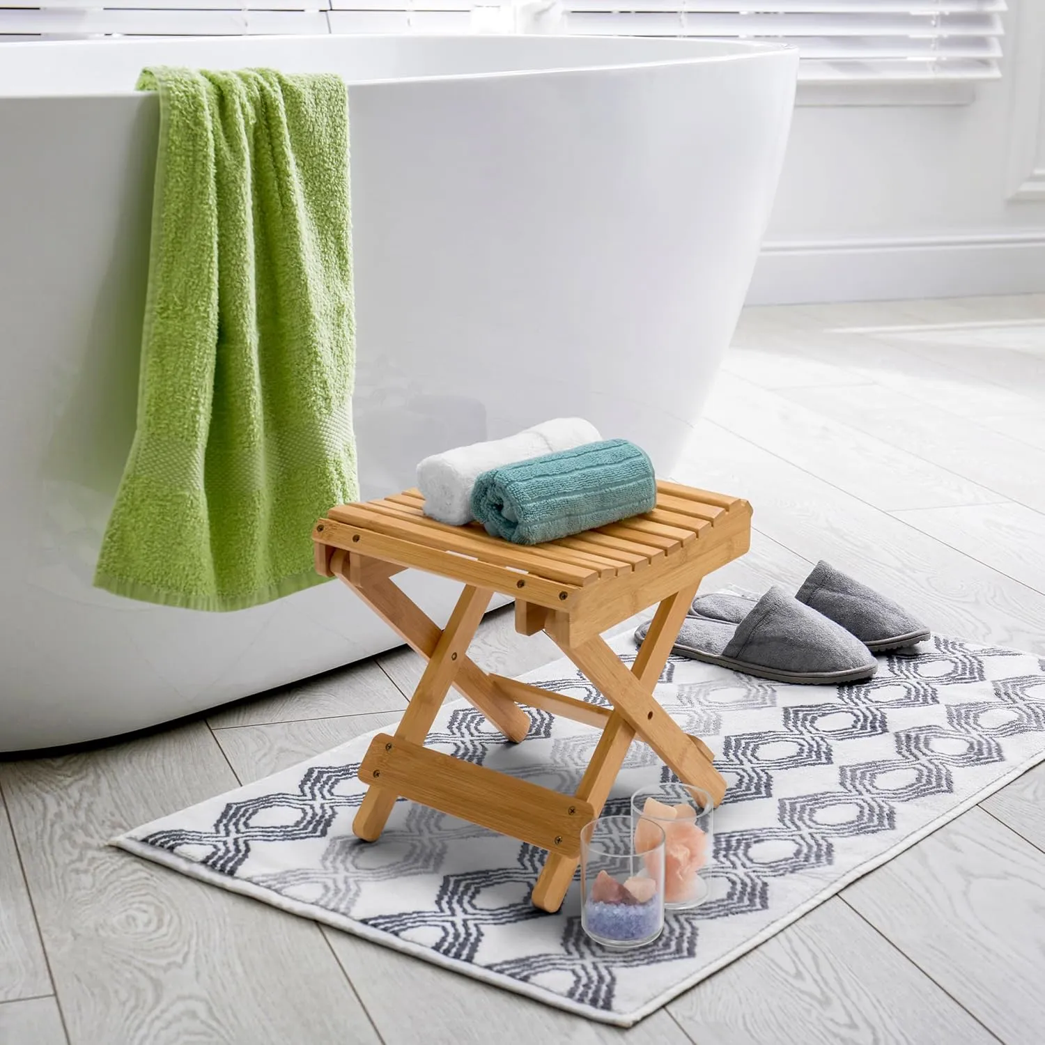 Sorbus Bamboo Folding Step Stool Bench - for Shaving, Shower Foot Rest, Bath Chair - Great for Bathroom, Spa, Sauna, Wooden Seat, Fully Assembled - 11.75" D x 12.25" W x 13.75" H