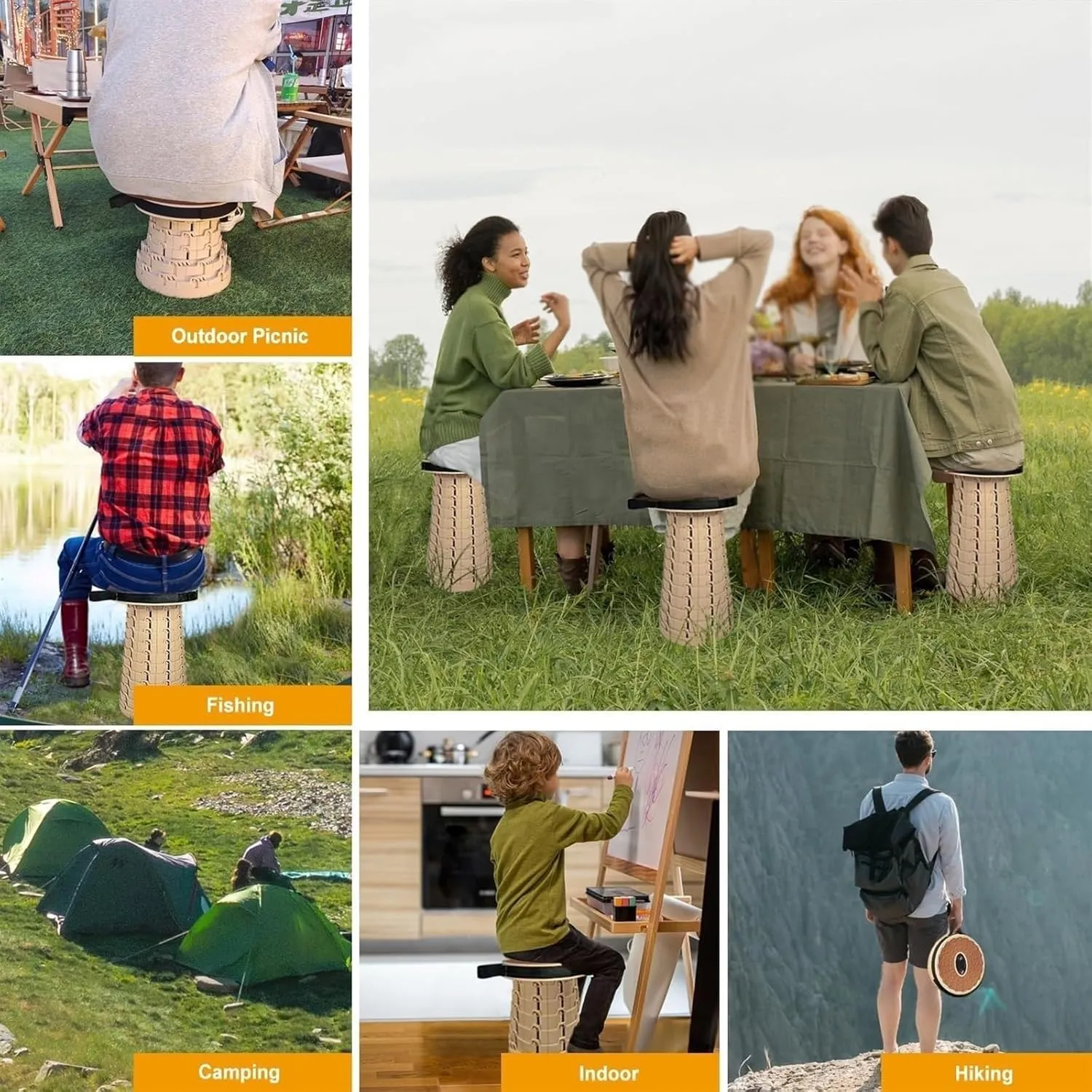 spxtom Height Adjustable Collapsible Stool, Compact Folding Chair, Portable Retractable Camping Stool, Lightweight, for Outdoor Fishing Hiking Gardening (Color : A)