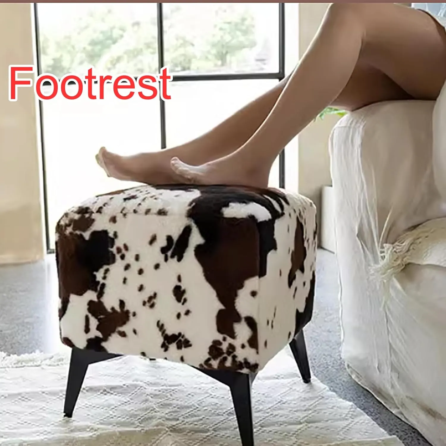 Square Footstool Ottoman,Vanity Stool Chair with Metal Leg,Furry Faux Cowhide Shoe Changing Bench for Vanity Entryway Bathroom Living Room Bedroom(17.3 * 15.7 * 15.7inch, Black Pattern)